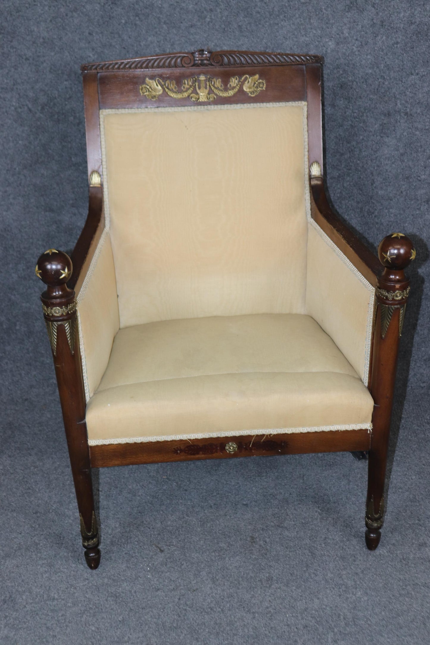 Beautiful Mahogany French Empire Bronze Mounted Bergere Chair