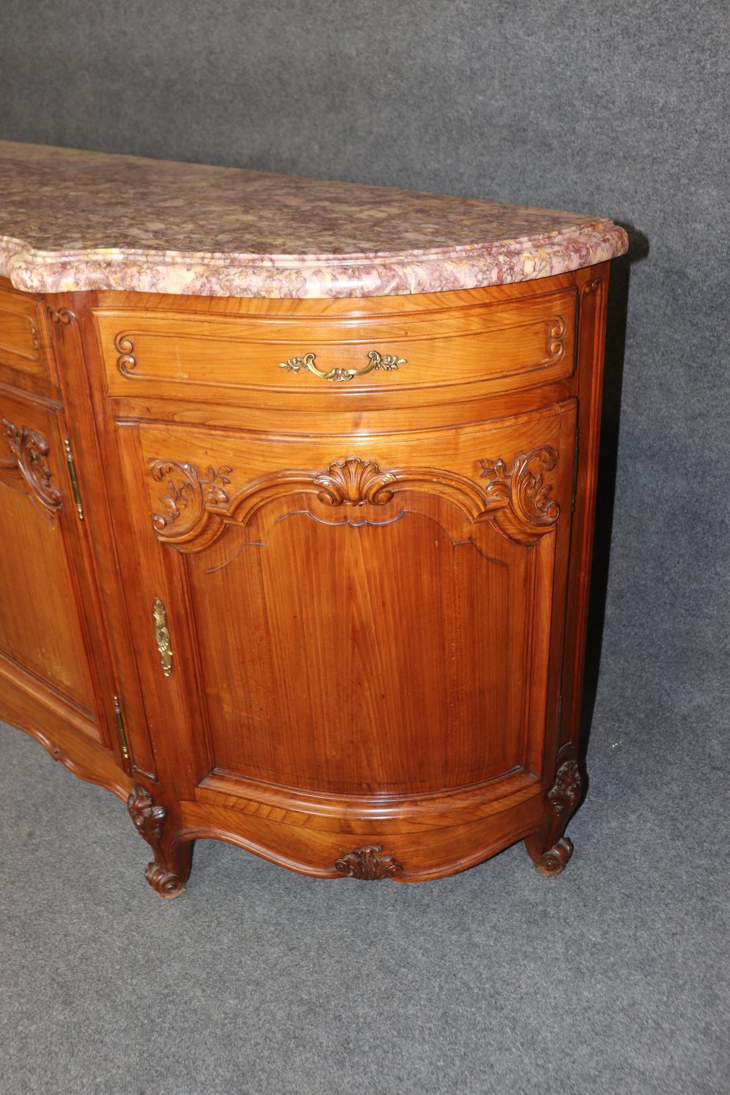 Gorgeous Walnut and Breccia Marble French Louis XV Style Grand Sideboard Buffet