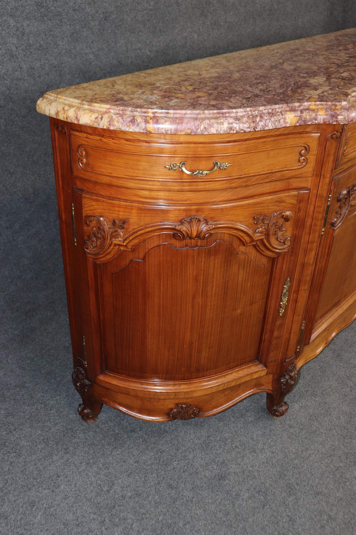 Gorgeous Walnut and Breccia Marble French Louis XV Style Grand Sideboard Buffet