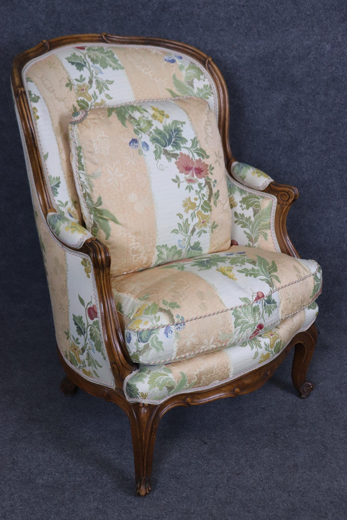 Fantastic Pair of Carved Walnut French Louis XV Style Bergere Chairs