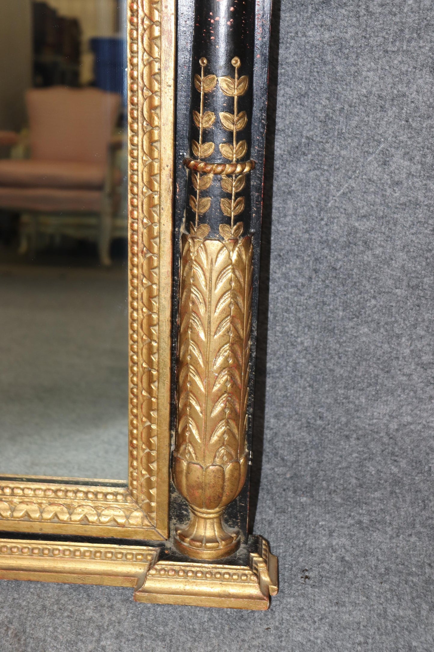 Black and Gold Large decorative Carved French Louis XVI Mirror