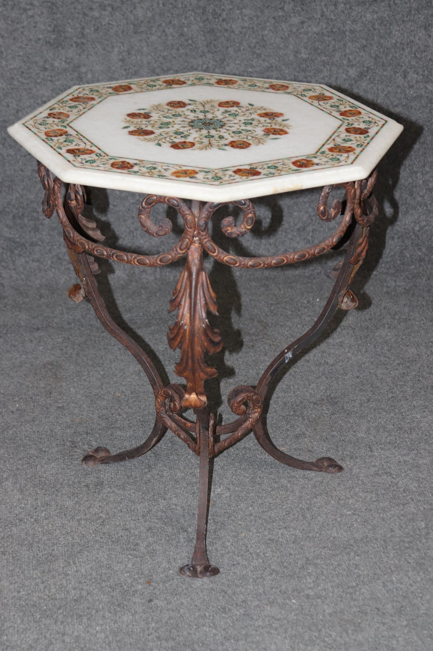 Italian Marble Inlaid Pietra Dura Octagonal Wrought Iron End Table 1950