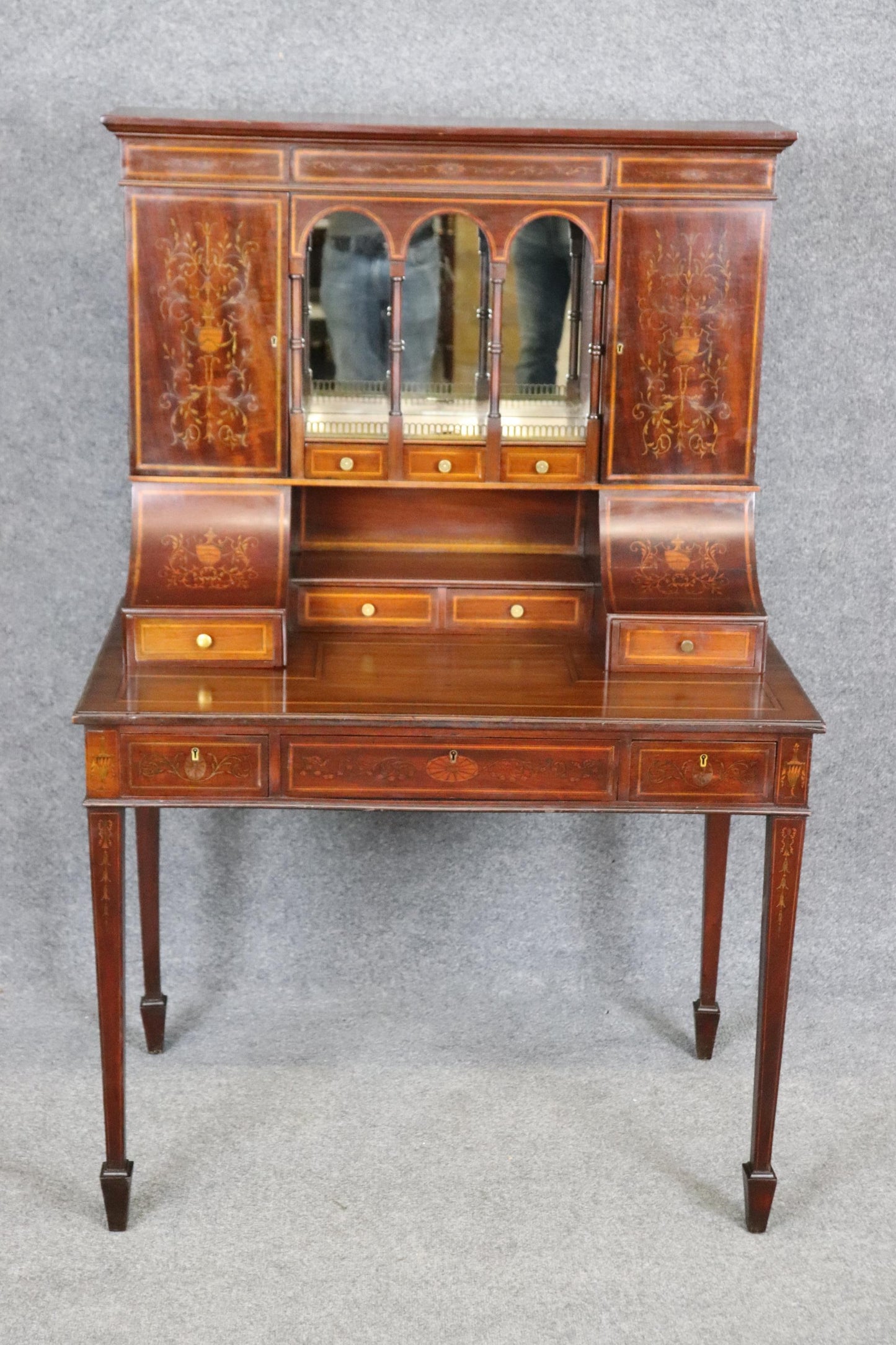 Fine Tall Inlaid Dark Mahogany English Carlton House Two-Piece Secretary Desk