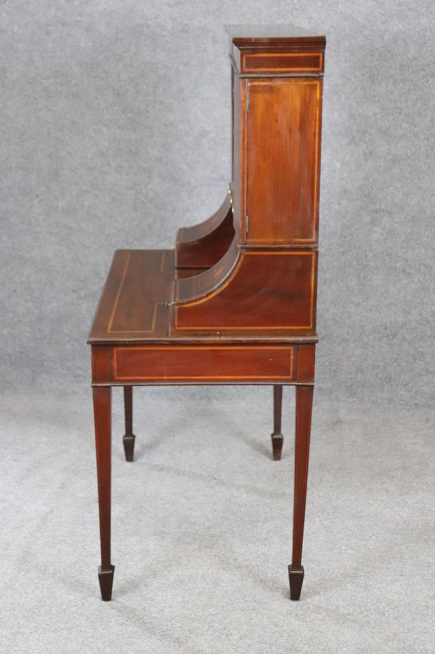 Fine Tall Inlaid Dark Mahogany English Carlton House Two-Piece Secretary Desk