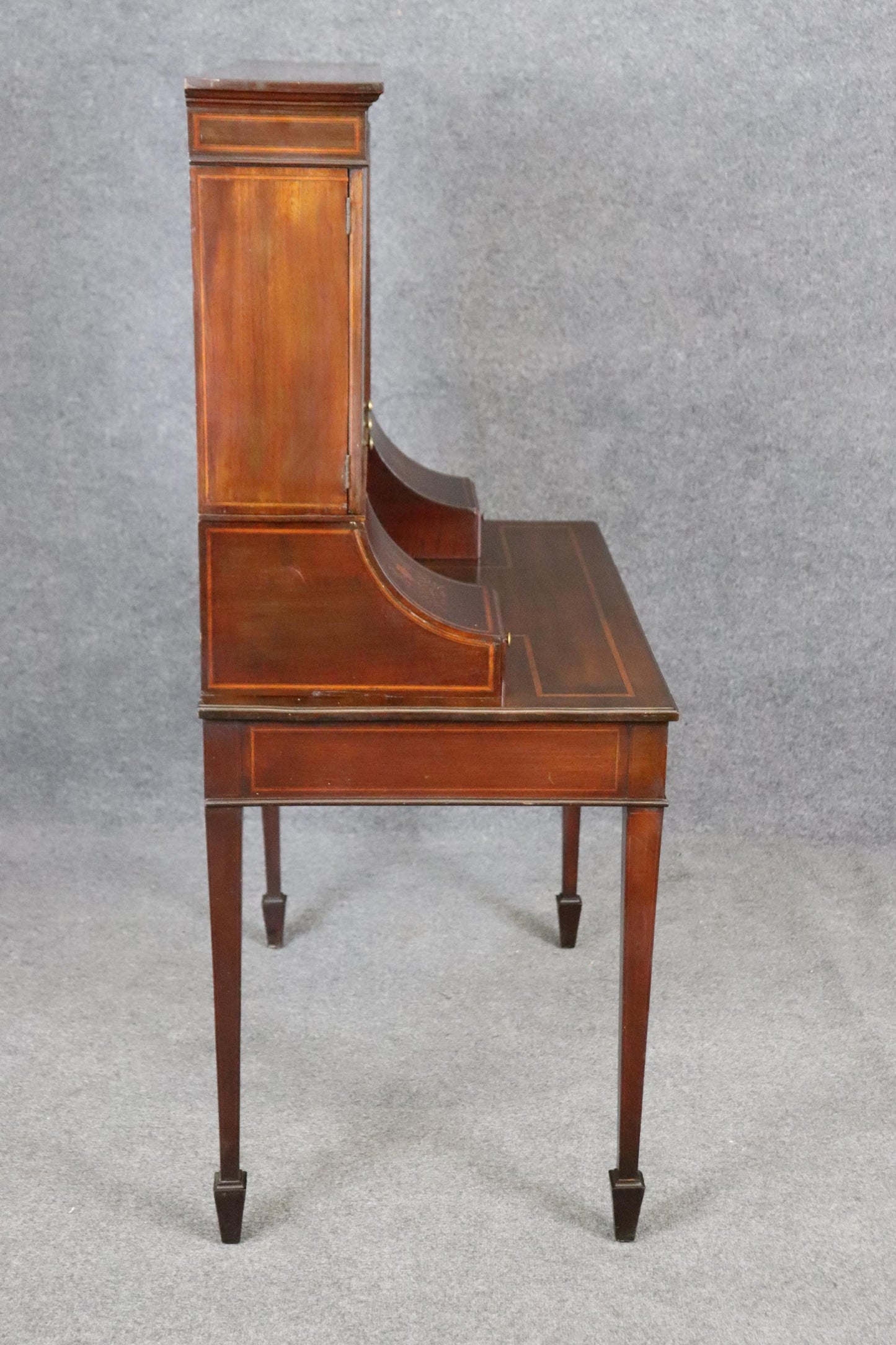 Fine Tall Inlaid Dark Mahogany English Carlton House Two-Piece Secretary Desk