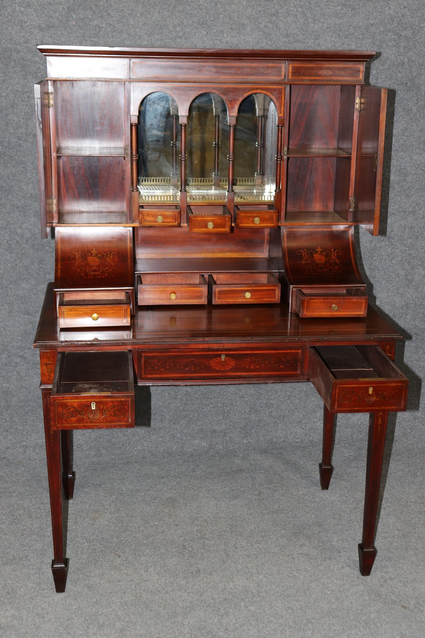 Fine Tall Inlaid Dark Mahogany English Carlton House Two-Piece Secretary Desk