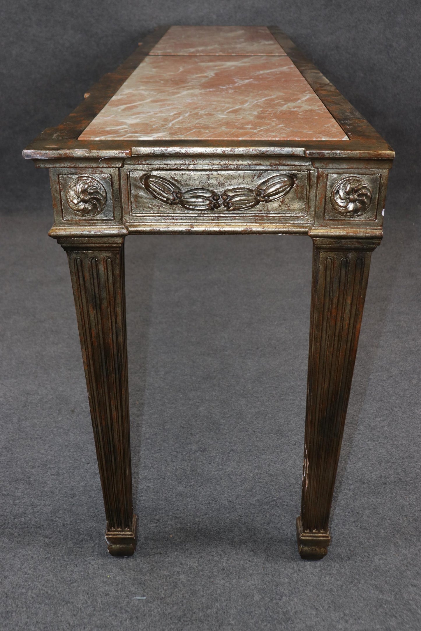 Grand French Marble Top Carved Louis XVI Directoire Silver Leaf Console Table