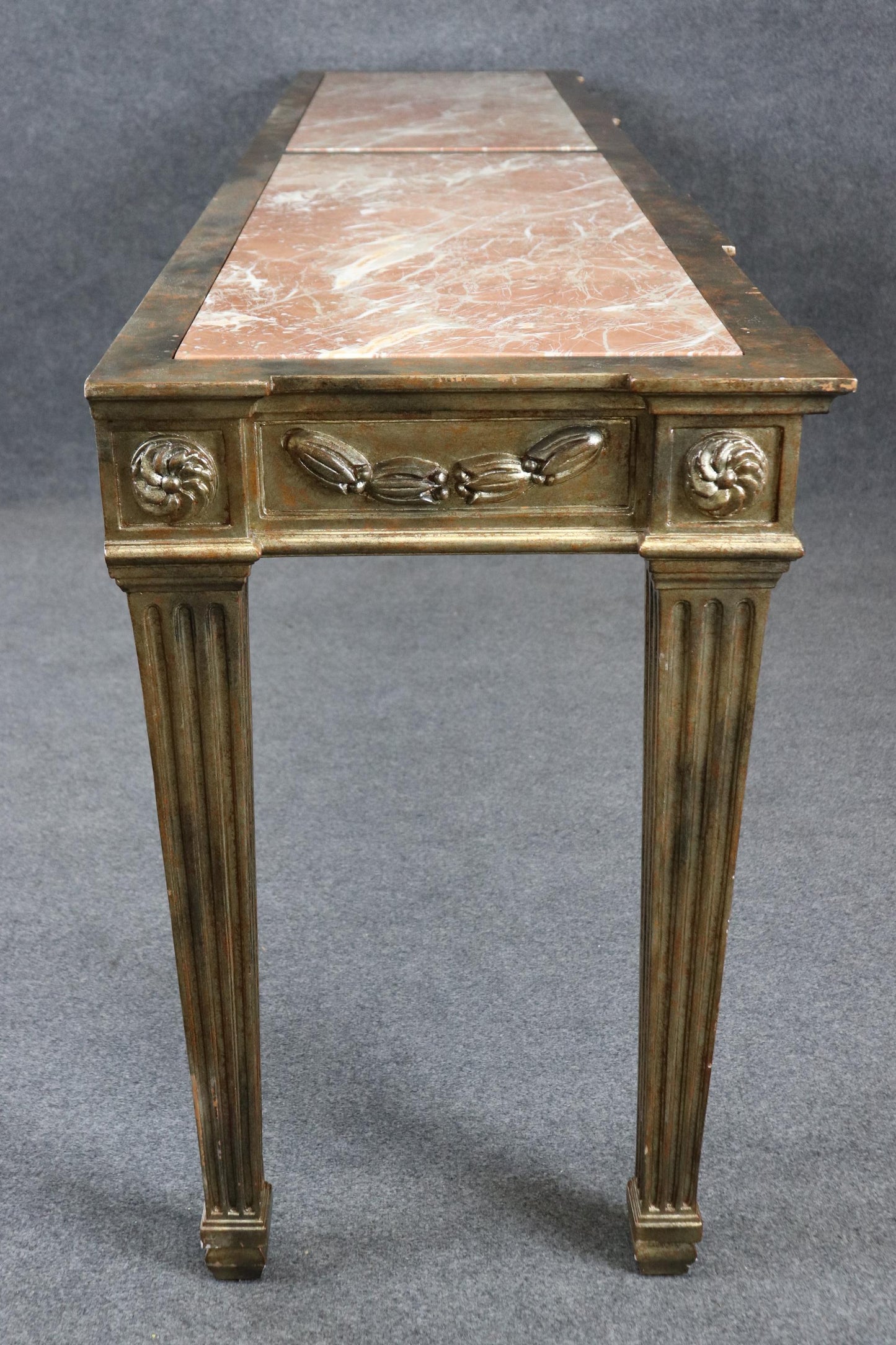 Grand French Marble Top Carved Louis XVI Directoire Silver Leaf Console Table