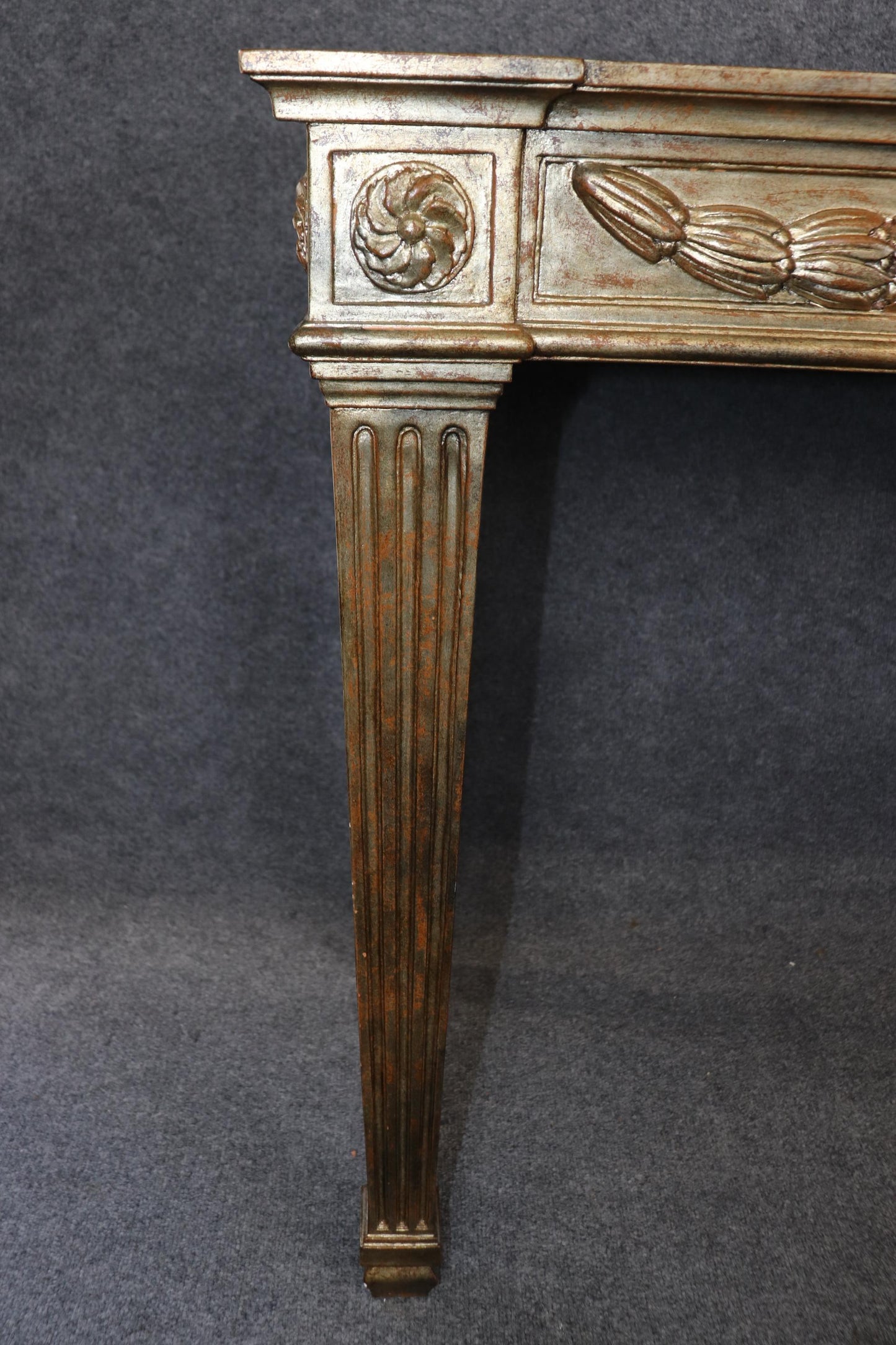 Grand French Marble Top Carved Louis XVI Directoire Silver Leaf Console Table