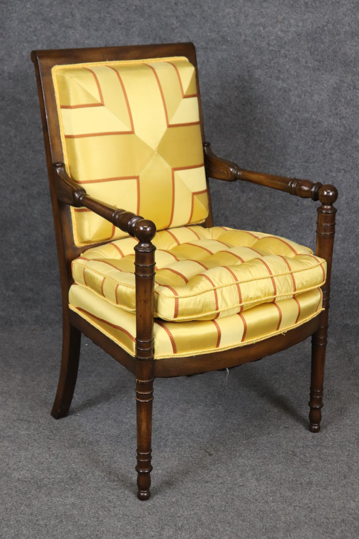 Incredible Pair of French Empire Style Walnut and Vibrant Yellow Bergere Chairs