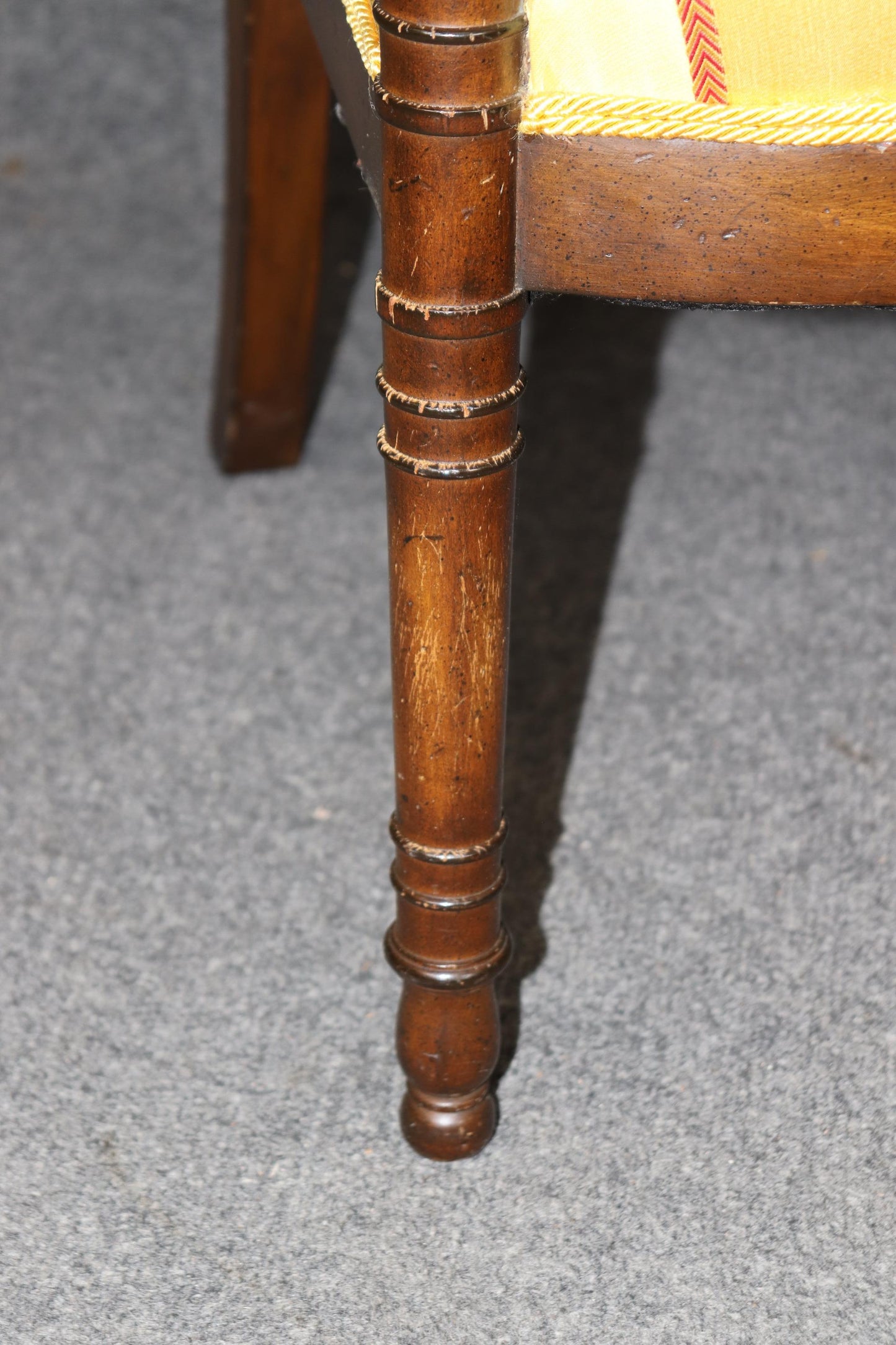 Incredible Pair of French Empire Style Walnut and Vibrant Yellow Bergere Chairs