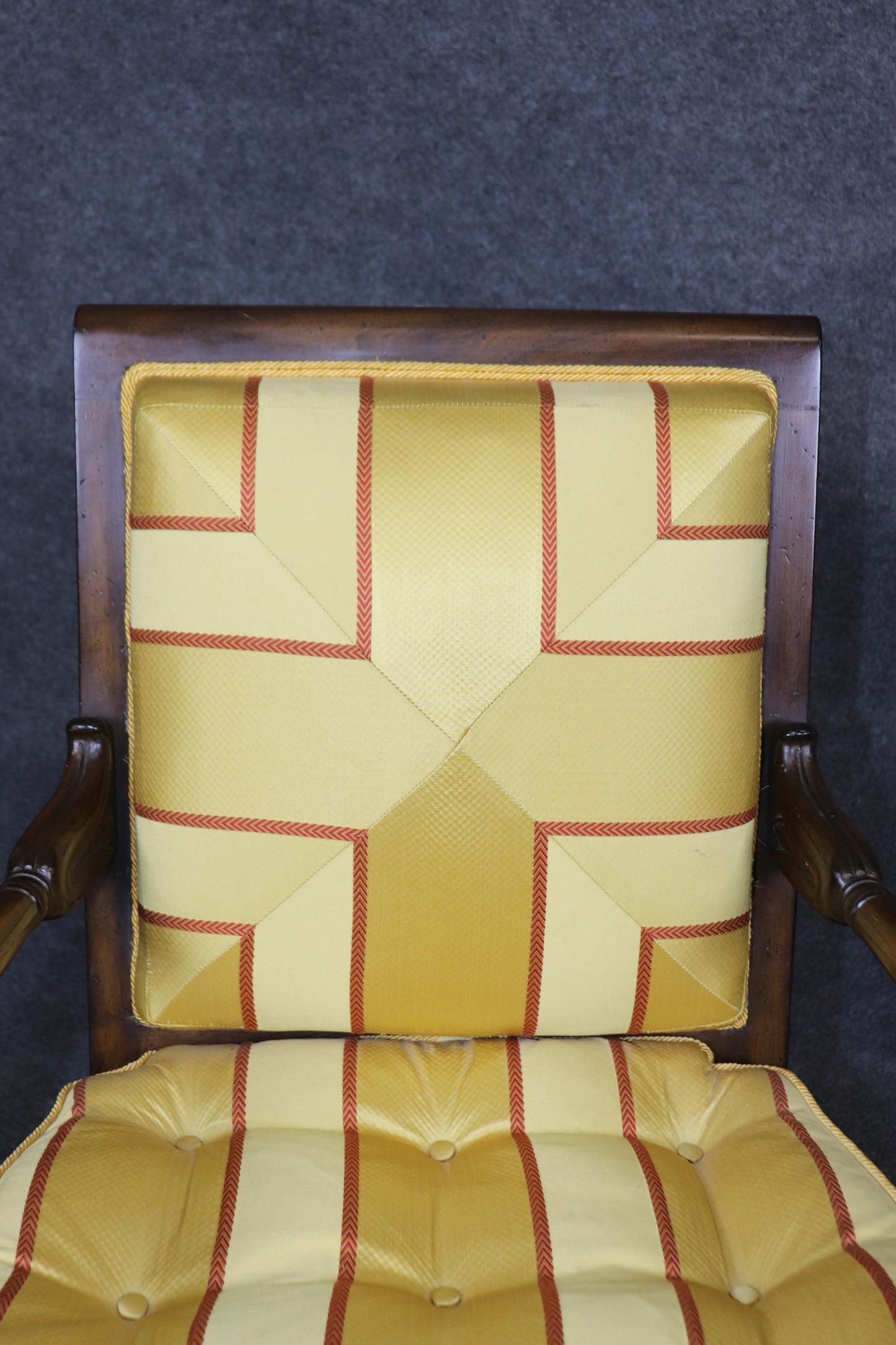 Incredible Pair of French Empire Style Walnut and Vibrant Yellow Bergere Chairs