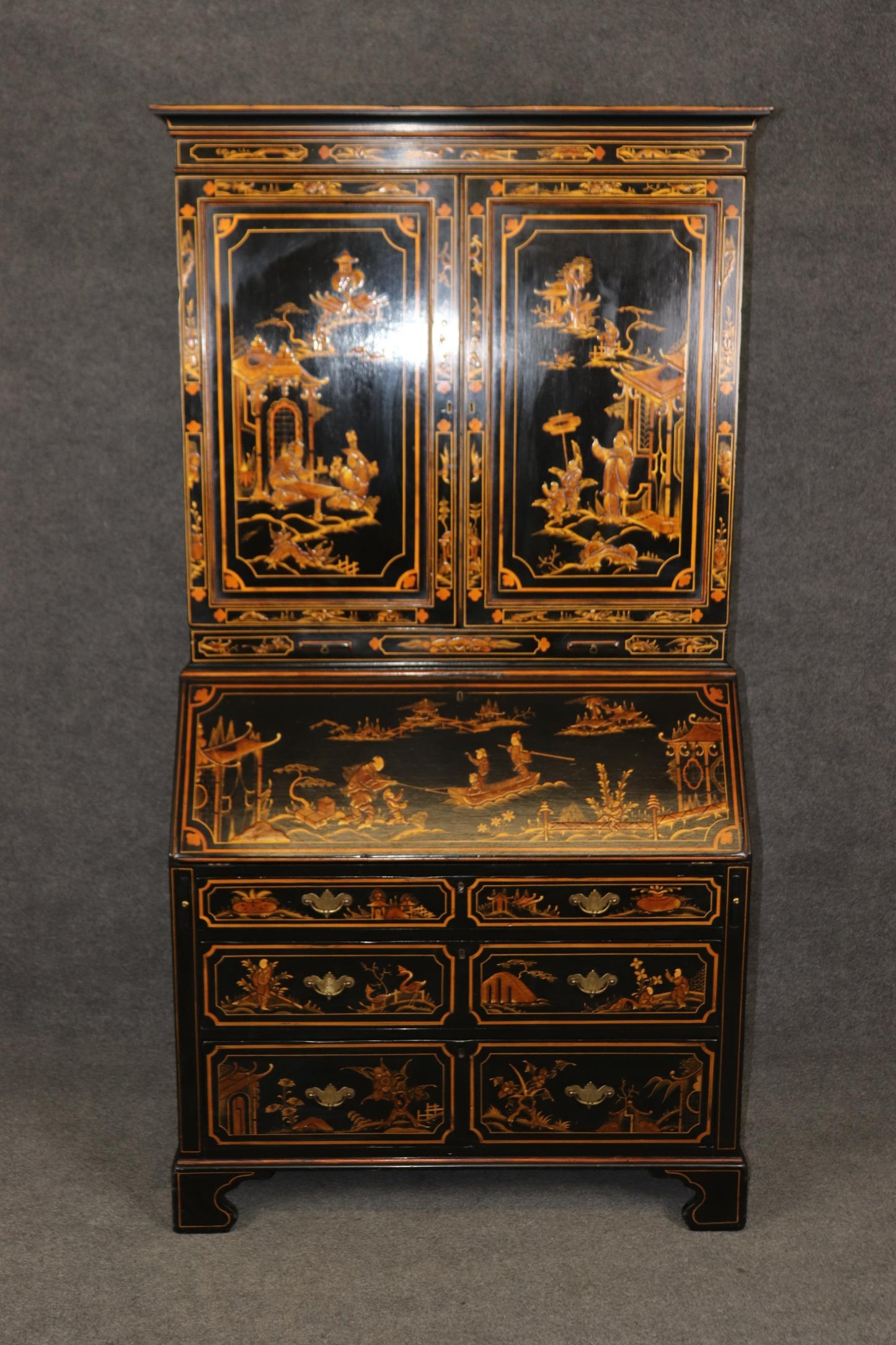 Fine early 1800s Era English Georgian Chinoiserie Paint Decorated Secretary Desk