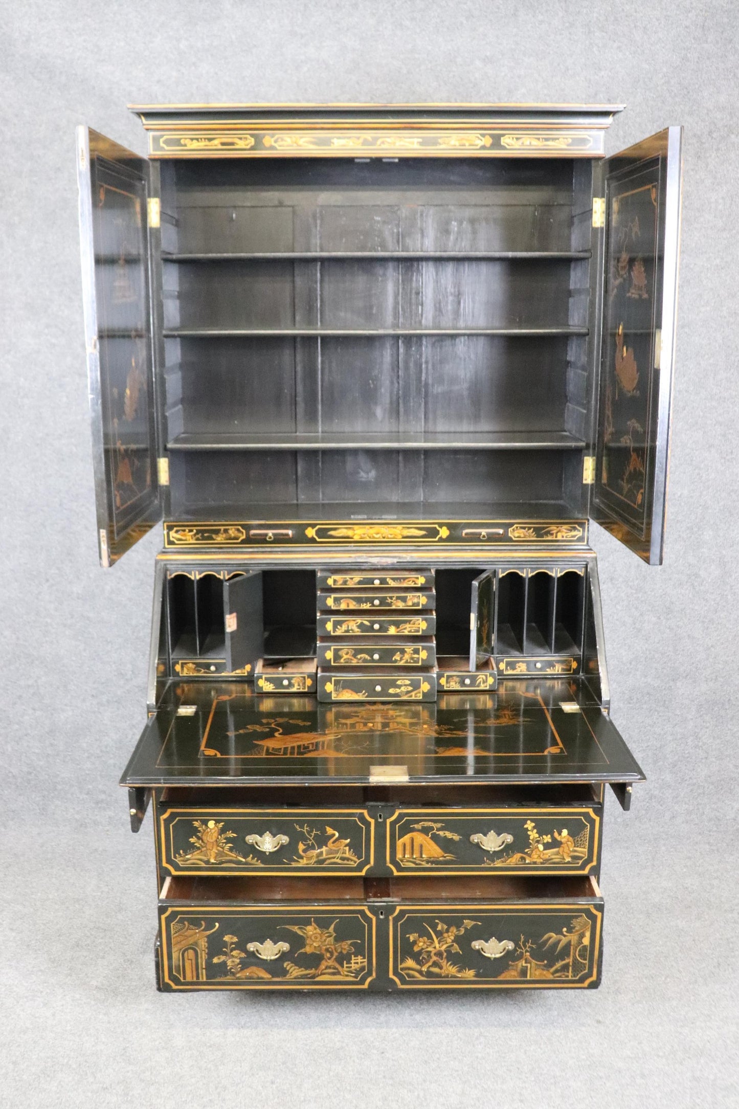 Fine early 1800s Era English Georgian Chinoiserie Paint Decorated Secretary Desk