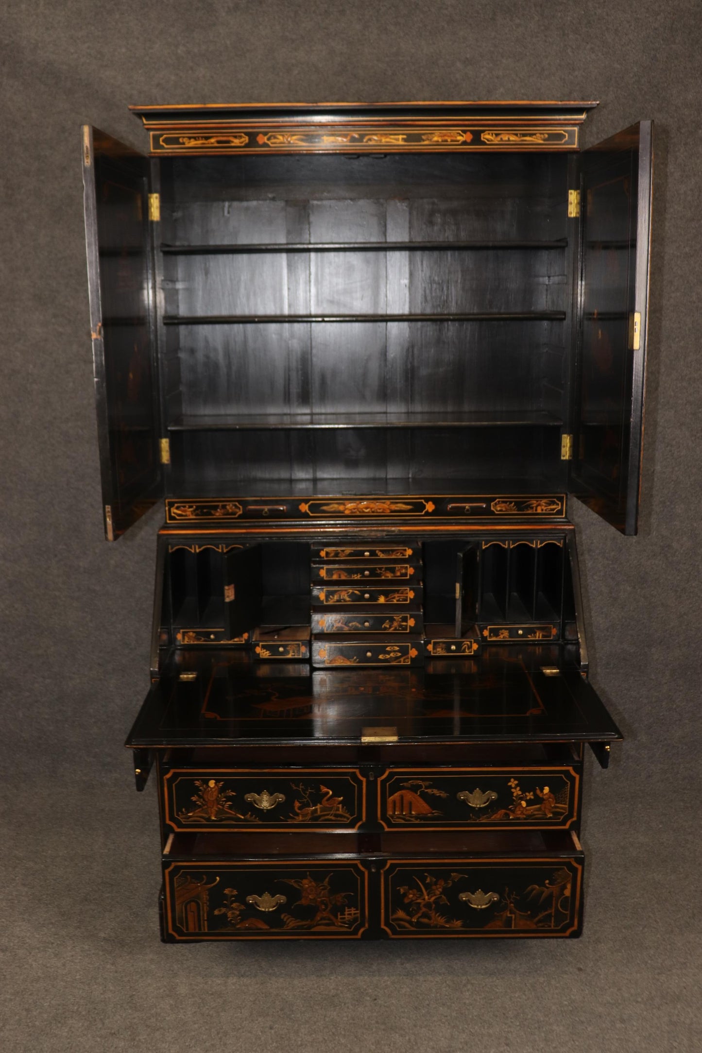 Fine early 1800s Era English Georgian Chinoiserie Paint Decorated Secretary Desk