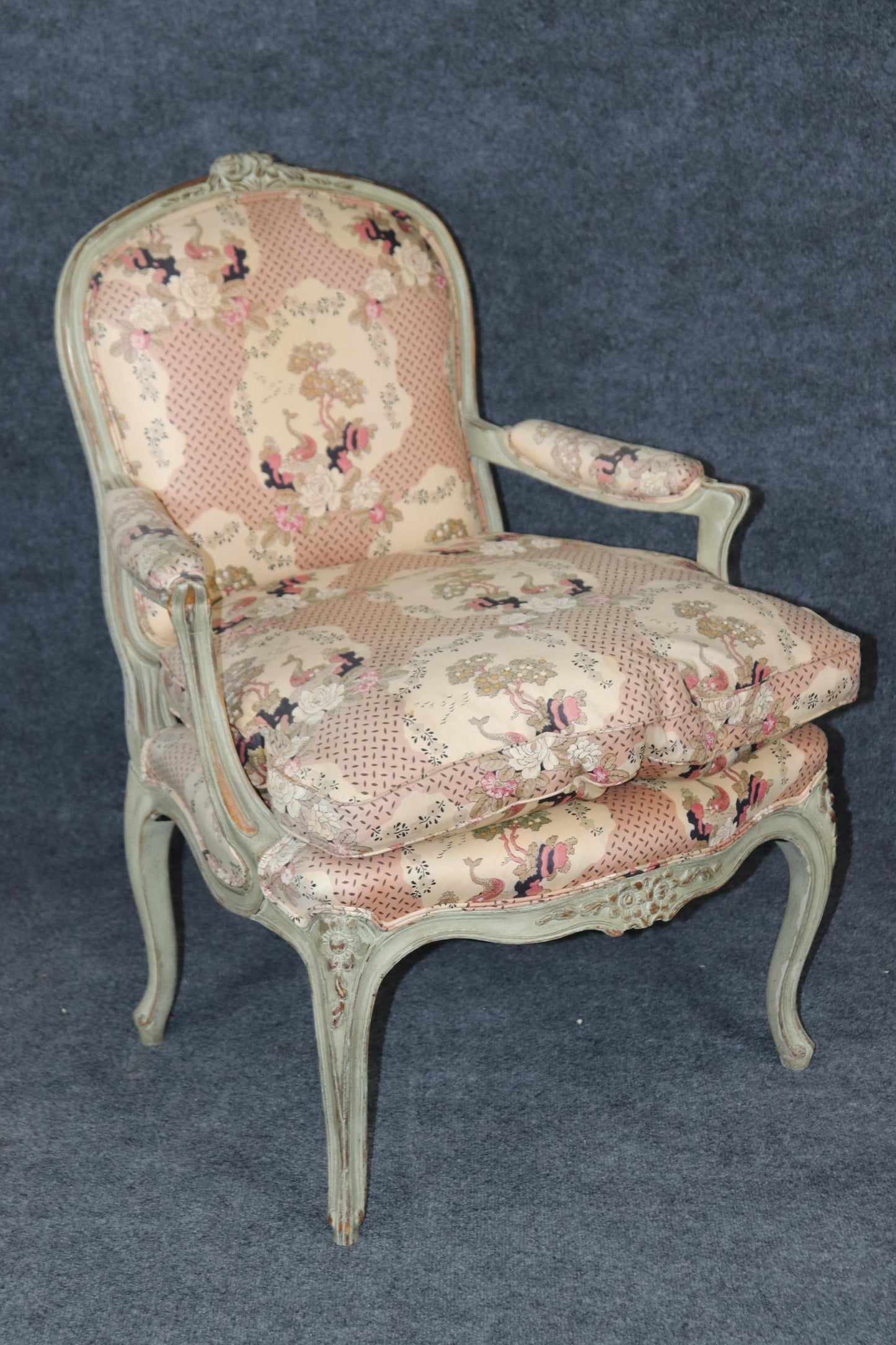 Pair French Louis XV Gray Paint Decorated Carved French Louis XV Bergere Chairs