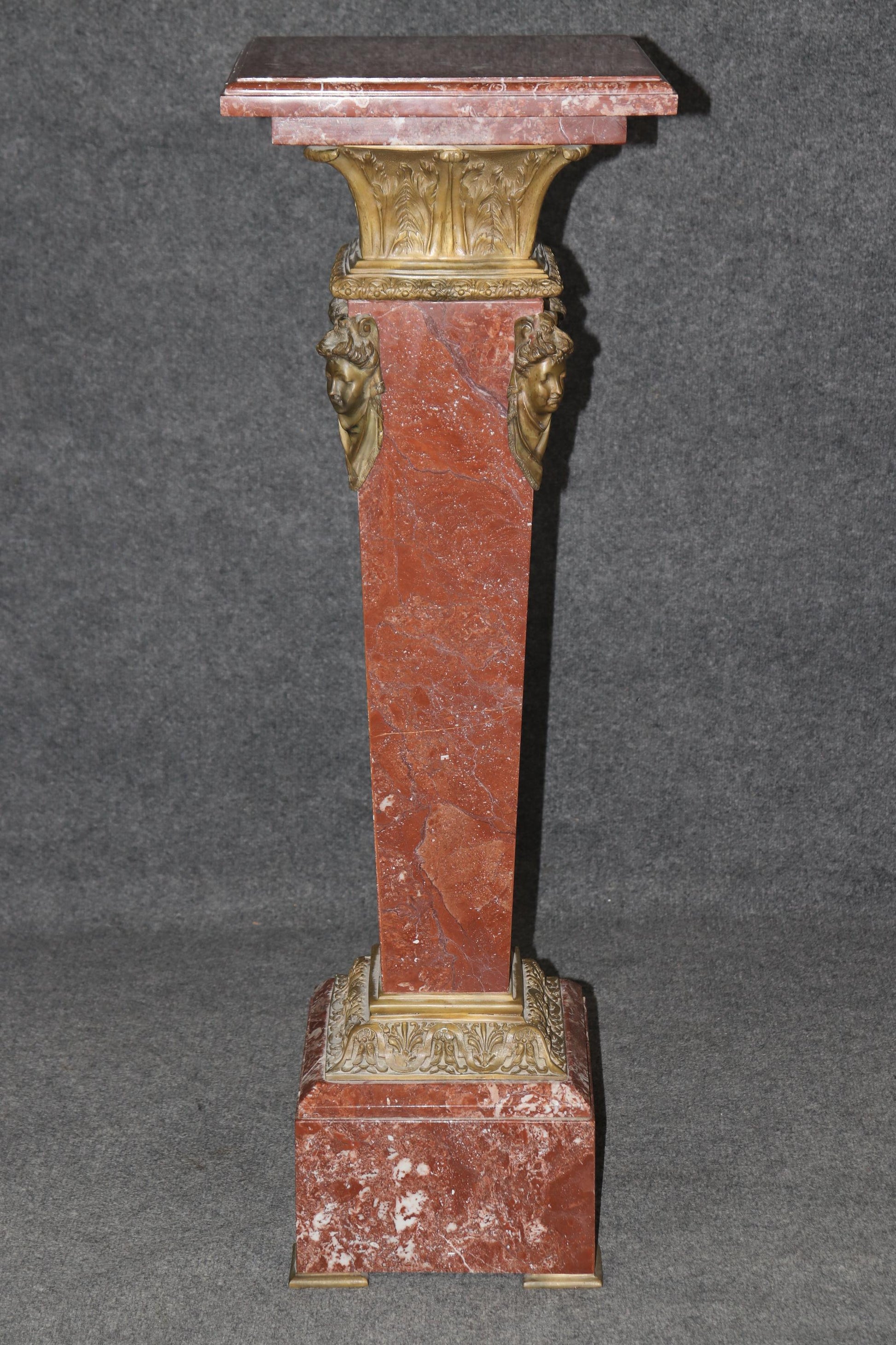 Superb Antique French Louis XV Rouge Marble and Figural Bronze Maiden Pedestal