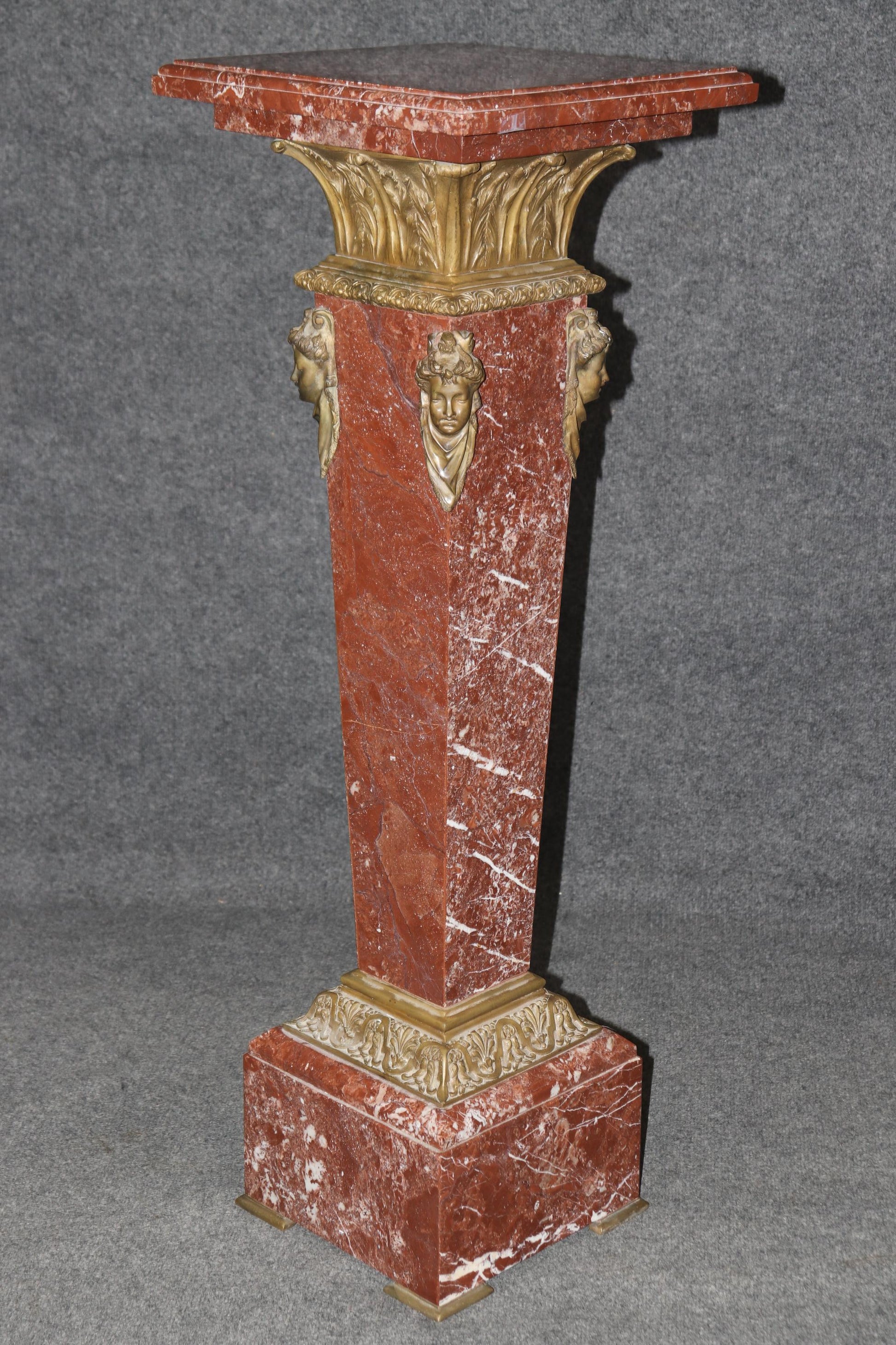 Superb Antique French Louis XV Rouge Marble and Figural Bronze Maiden Pedestal