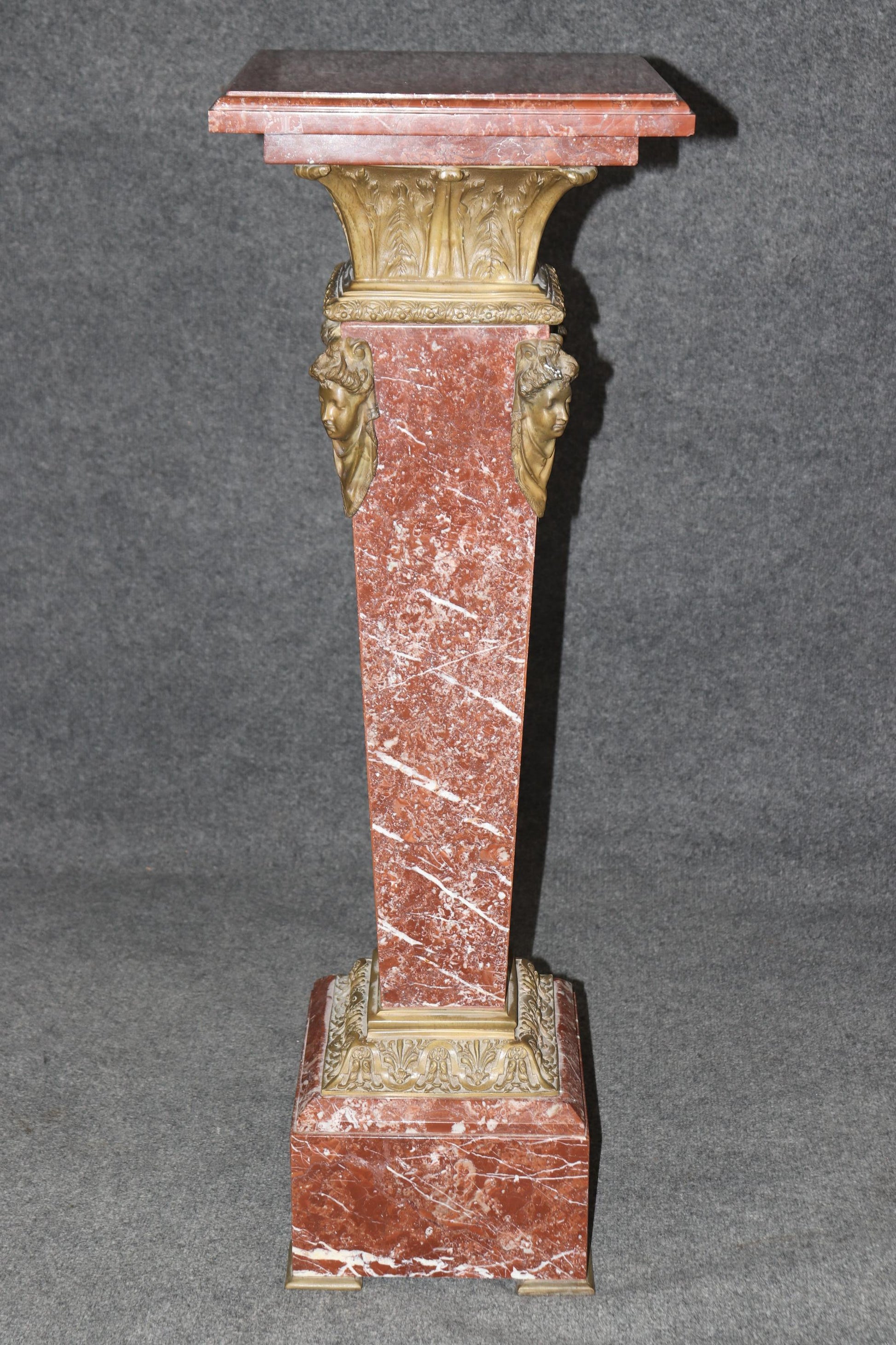 Superb Antique French Louis XV Rouge Marble and Figural Bronze Maiden Pedestal