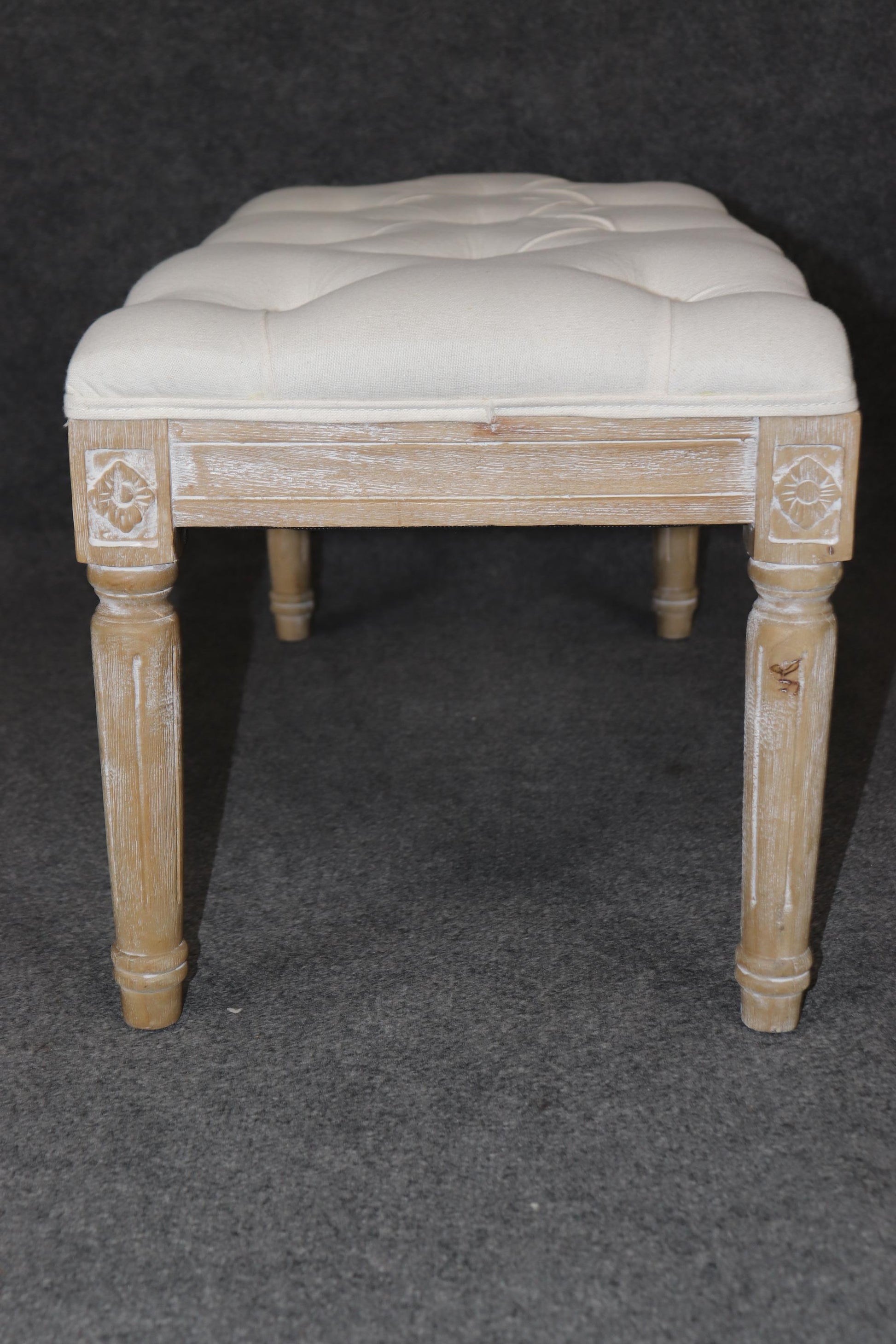 Restoration Hardware Style Bleached Tufted Upholstered Louis XVI Style Bench