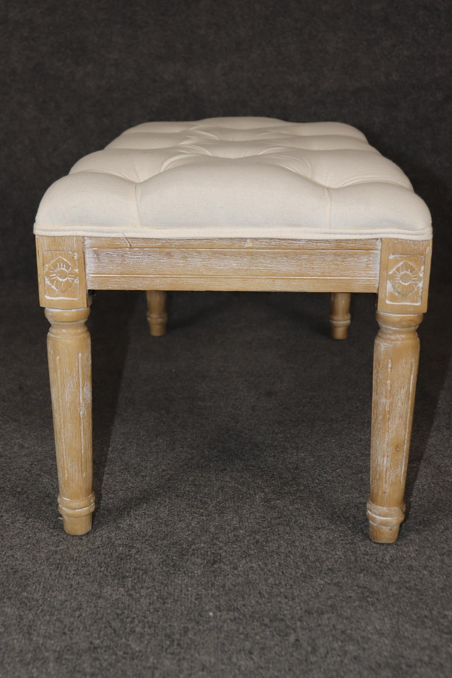 Restoration Hardware Style Bleached Tufted Upholstered Louis XVI Style Bench