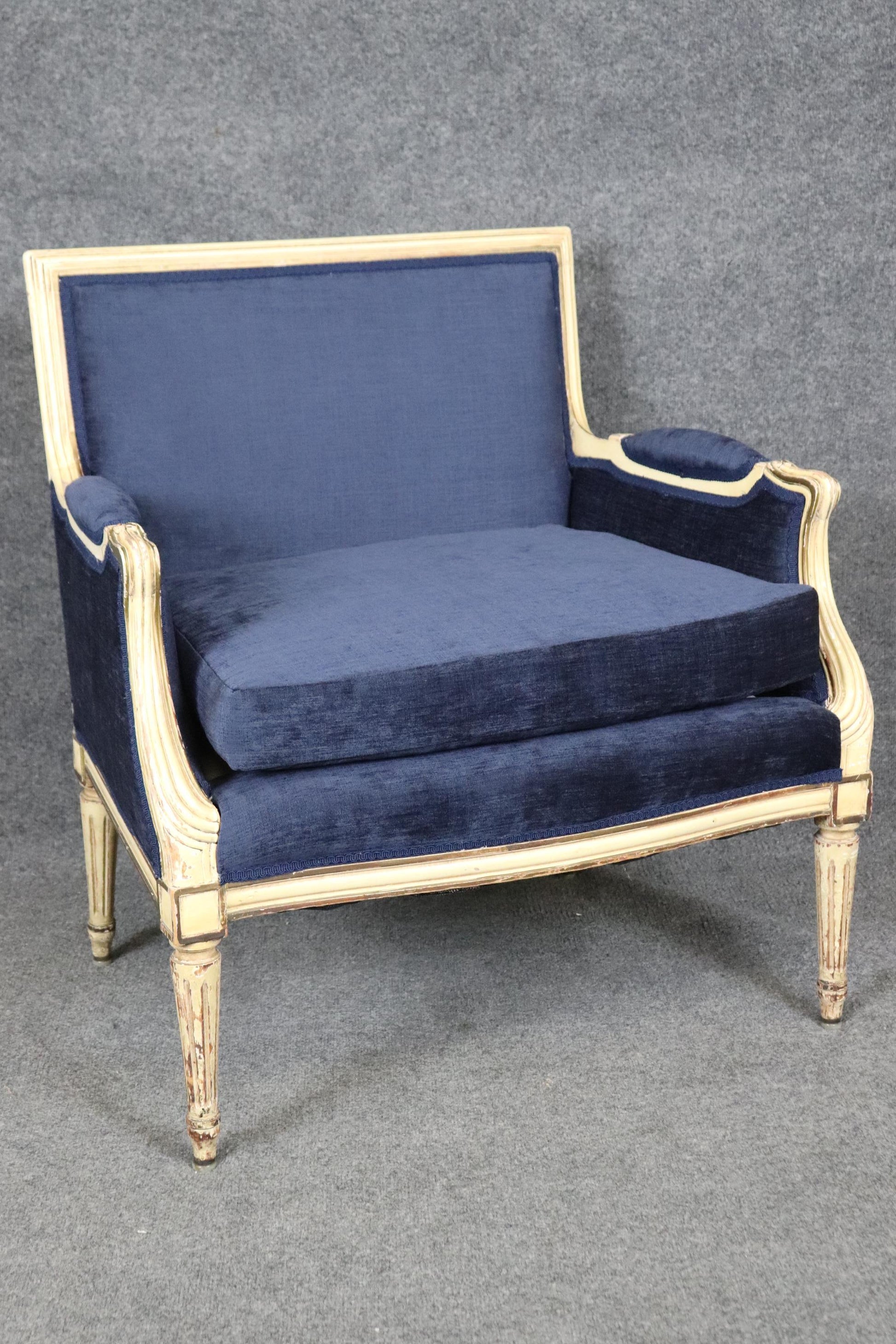 Maison Jansen Style Louis XVI Creme Painted Royal Blue Bergere Marquis Chair