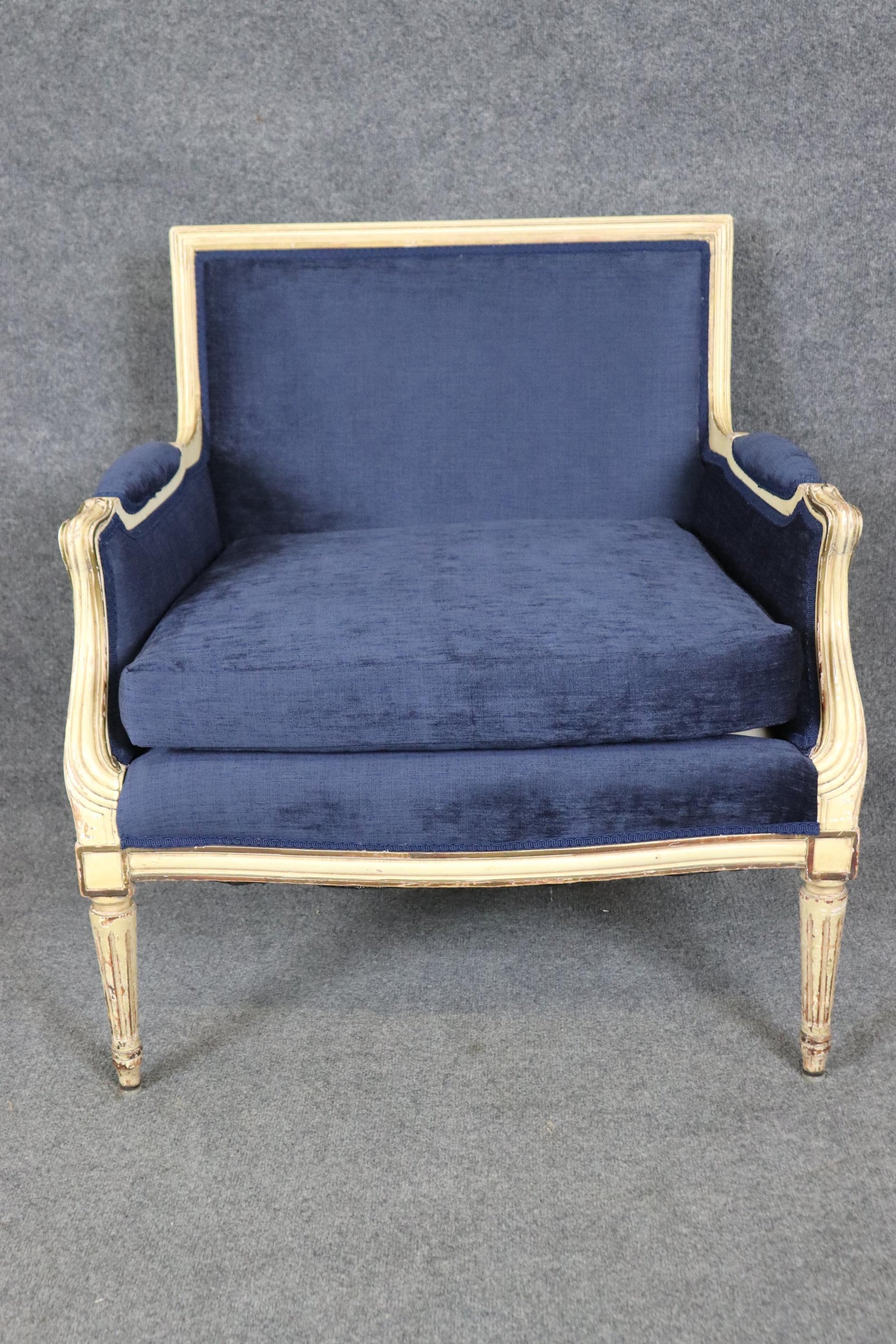 Maison Jansen Style Louis XVI Creme Painted Royal Blue Bergere Marquis Chair