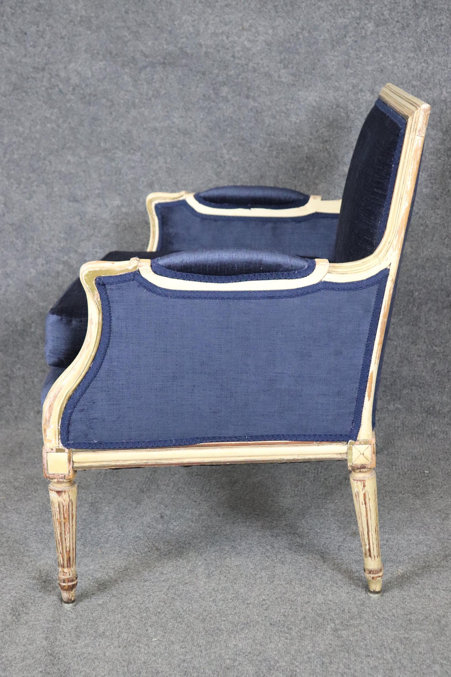 Maison Jansen Style Louis XVI Creme Painted Royal Blue Bergere Marquis Chair