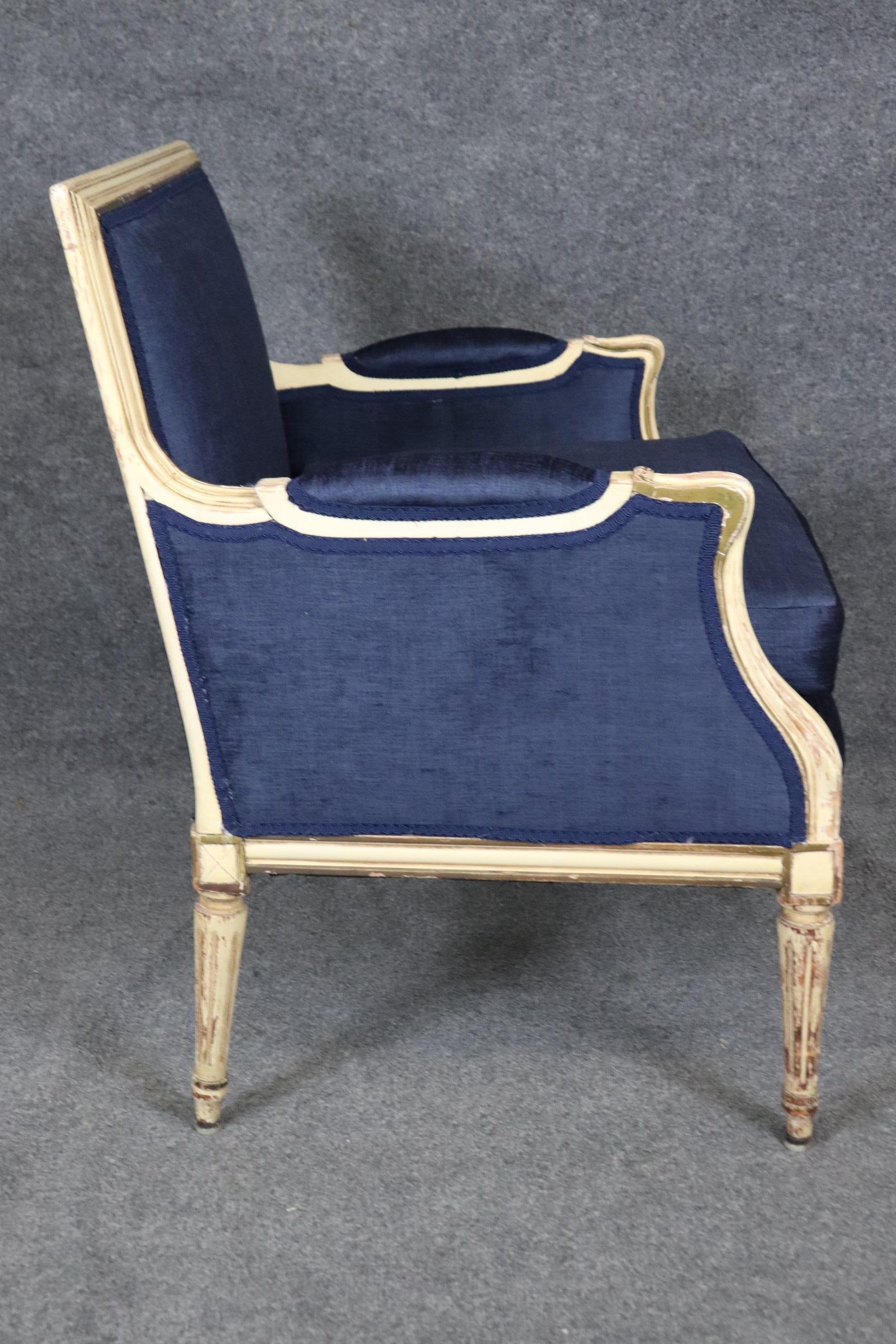 Maison Jansen Style Louis XVI Creme Painted Royal Blue Bergere Marquis Chair