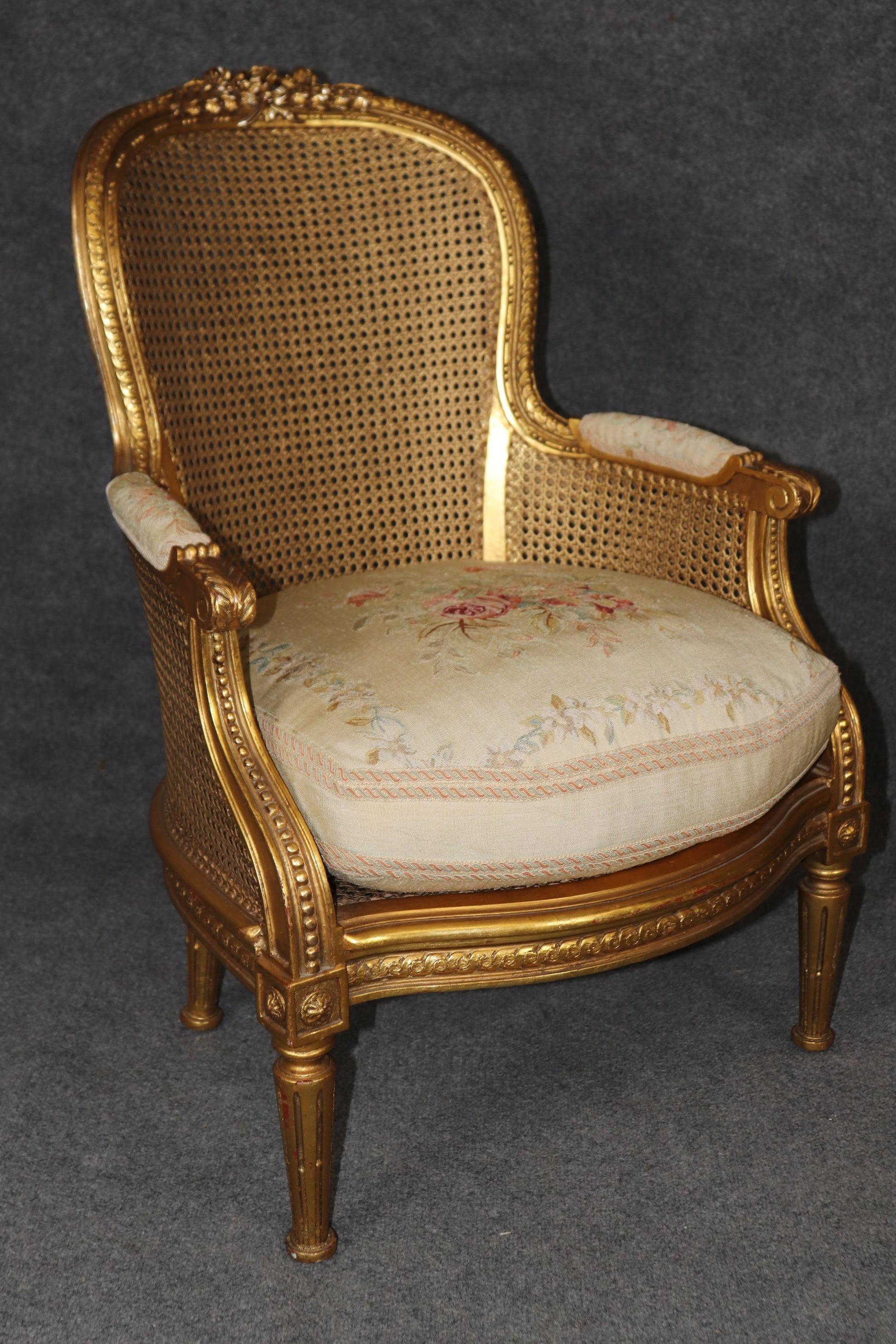 Outstanding Pair Luminous French Giltwood Cane Louis XVI Bergere Chairs