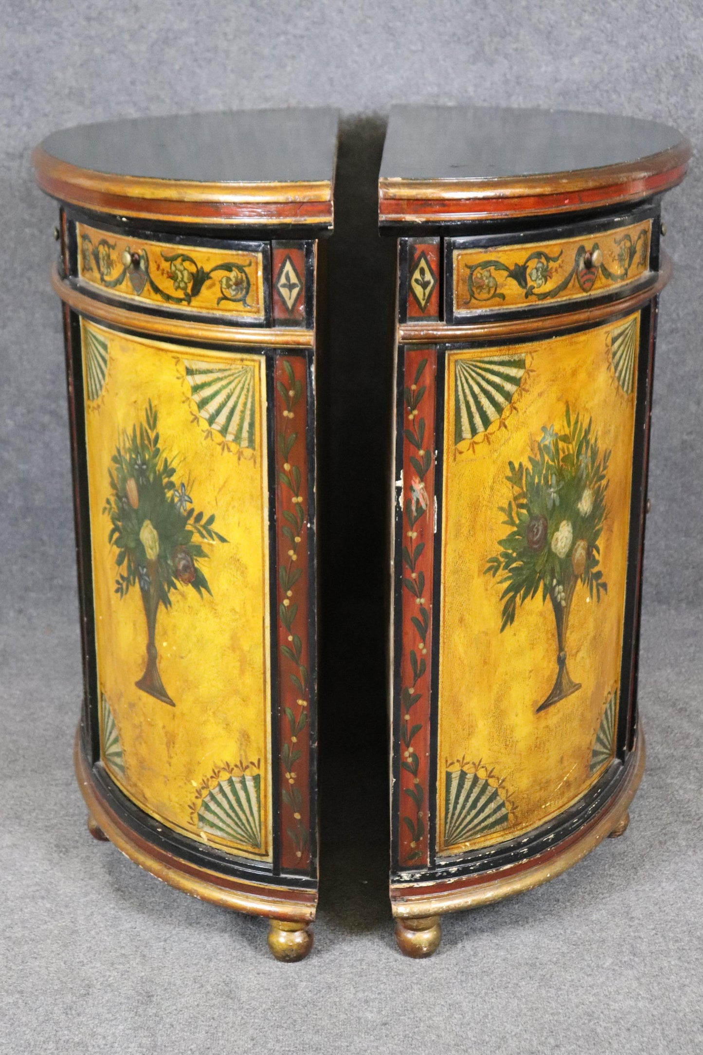 Pair of Paint Decorated Continental Demilune Italian Commodes Consoles