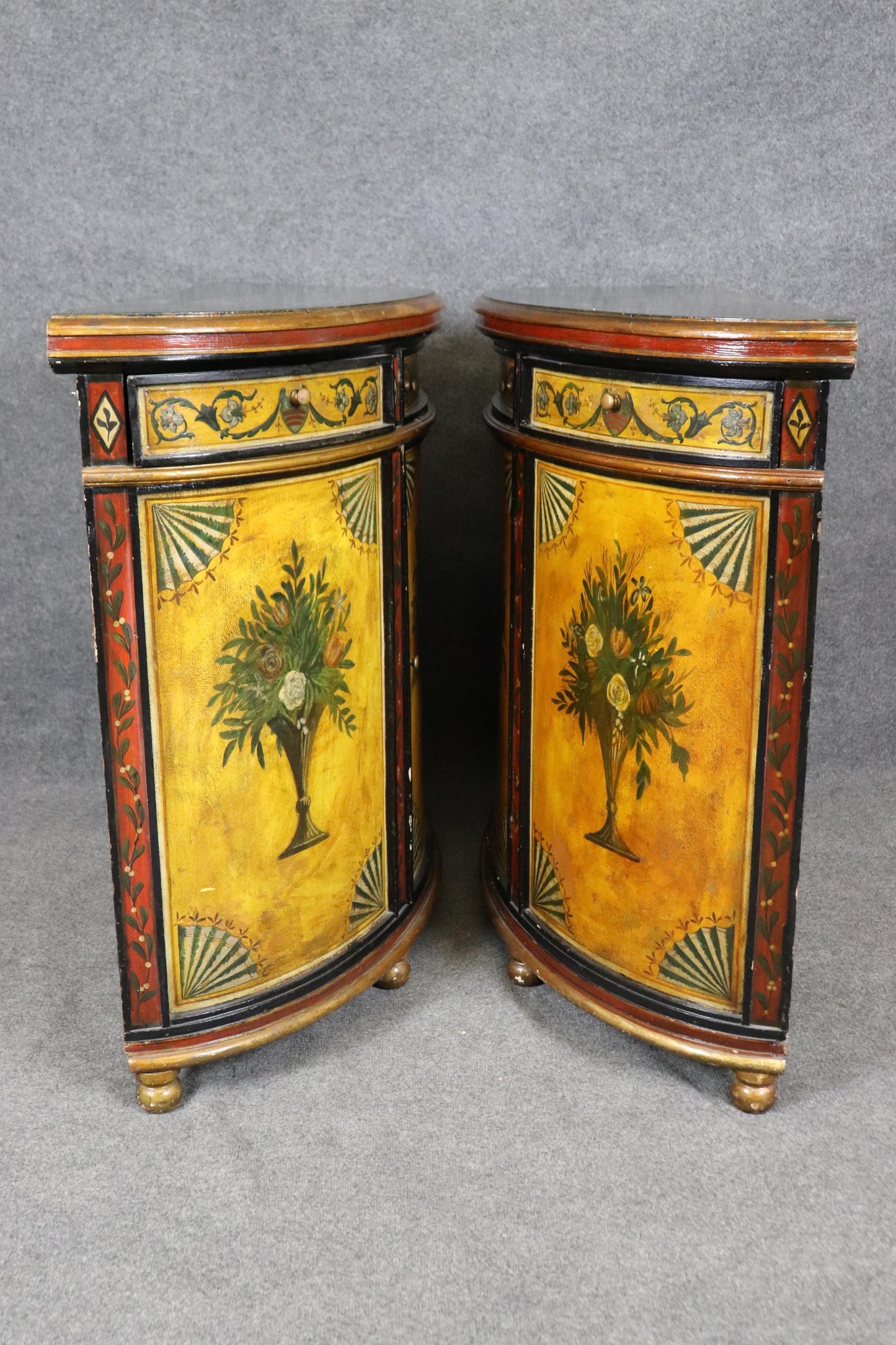 Pair of Paint Decorated Continental Demilune Italian Commodes Consoles