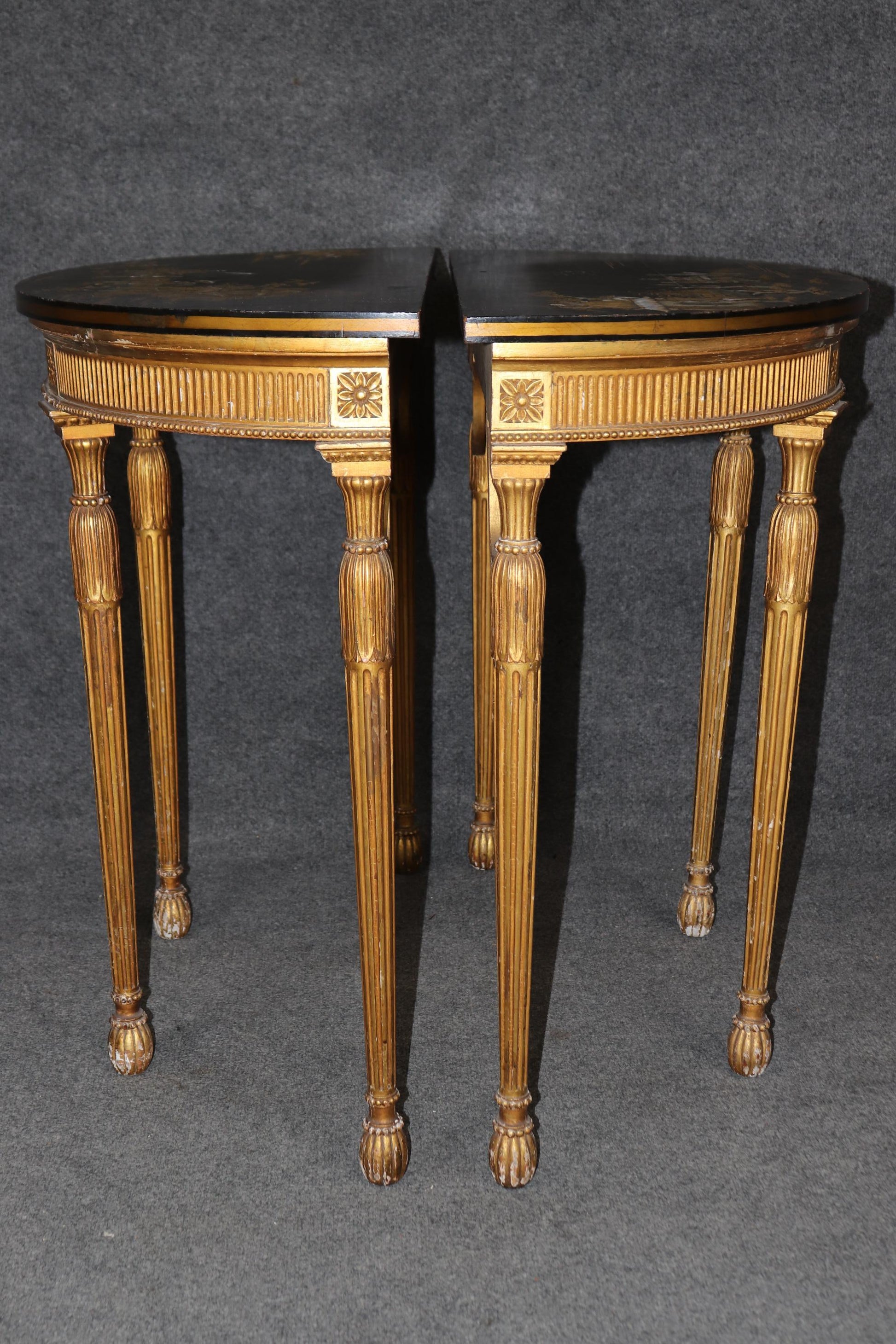 Rare Pair Chinoiserie Paint Decorated Demilune Giltwood Console Tables