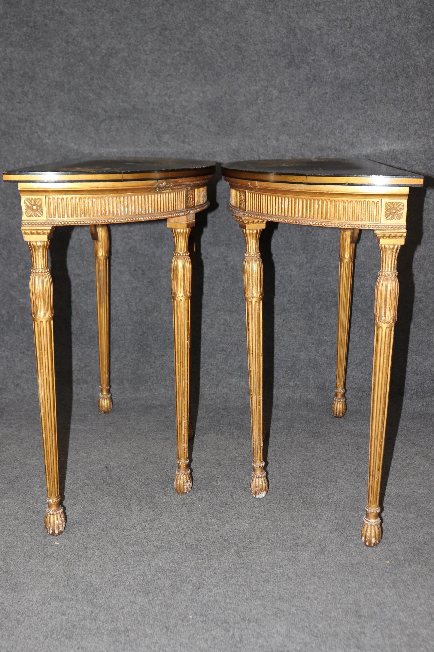 Rare Pair Chinoiserie Paint Decorated Demilune Giltwood Console Tables