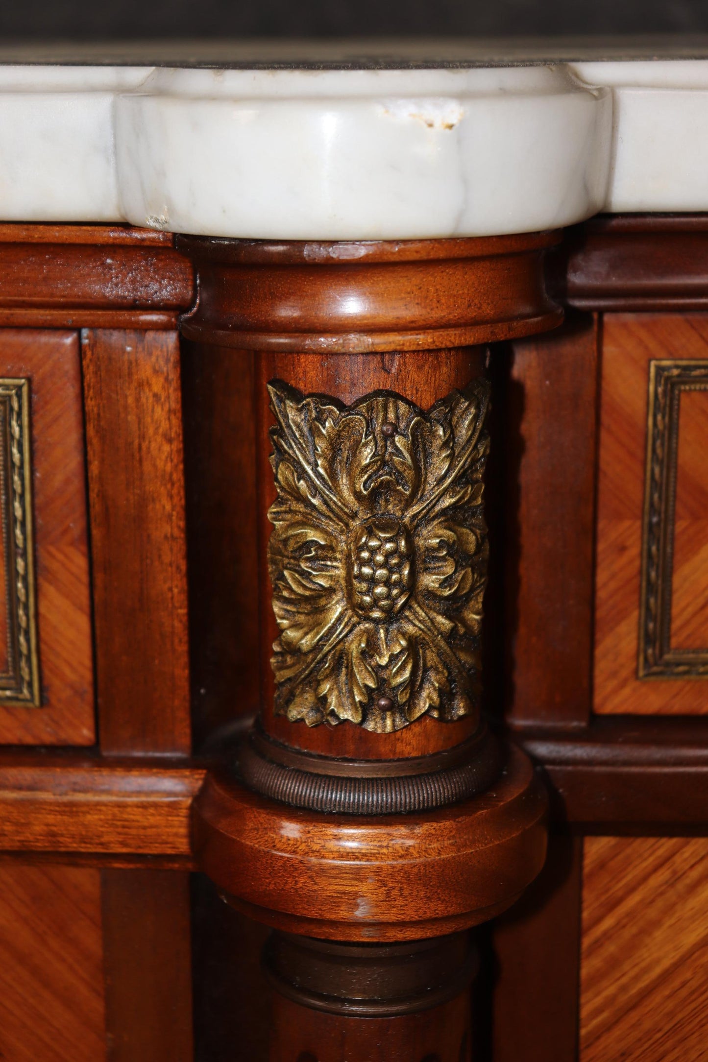 Grand French Louis XVI Kingwood Brass trimmed Demilune Marble Top Sideboard