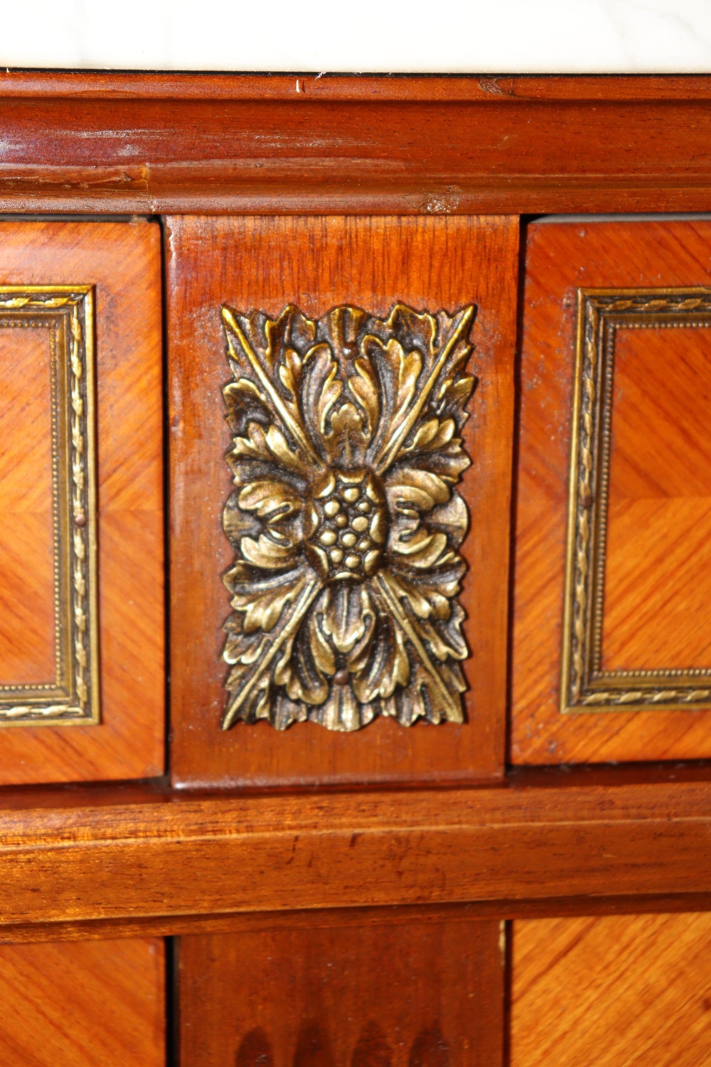 Grand French Louis XVI Kingwood Brass trimmed Demilune Marble Top Sideboard