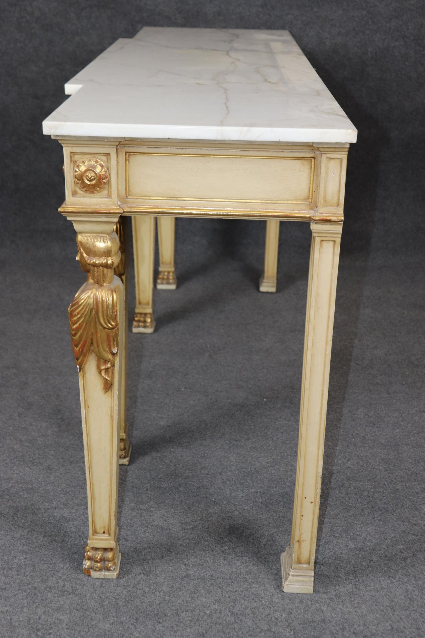 Fine French Empire Creme and Gilded Figural Marble Top Console Sofa Table