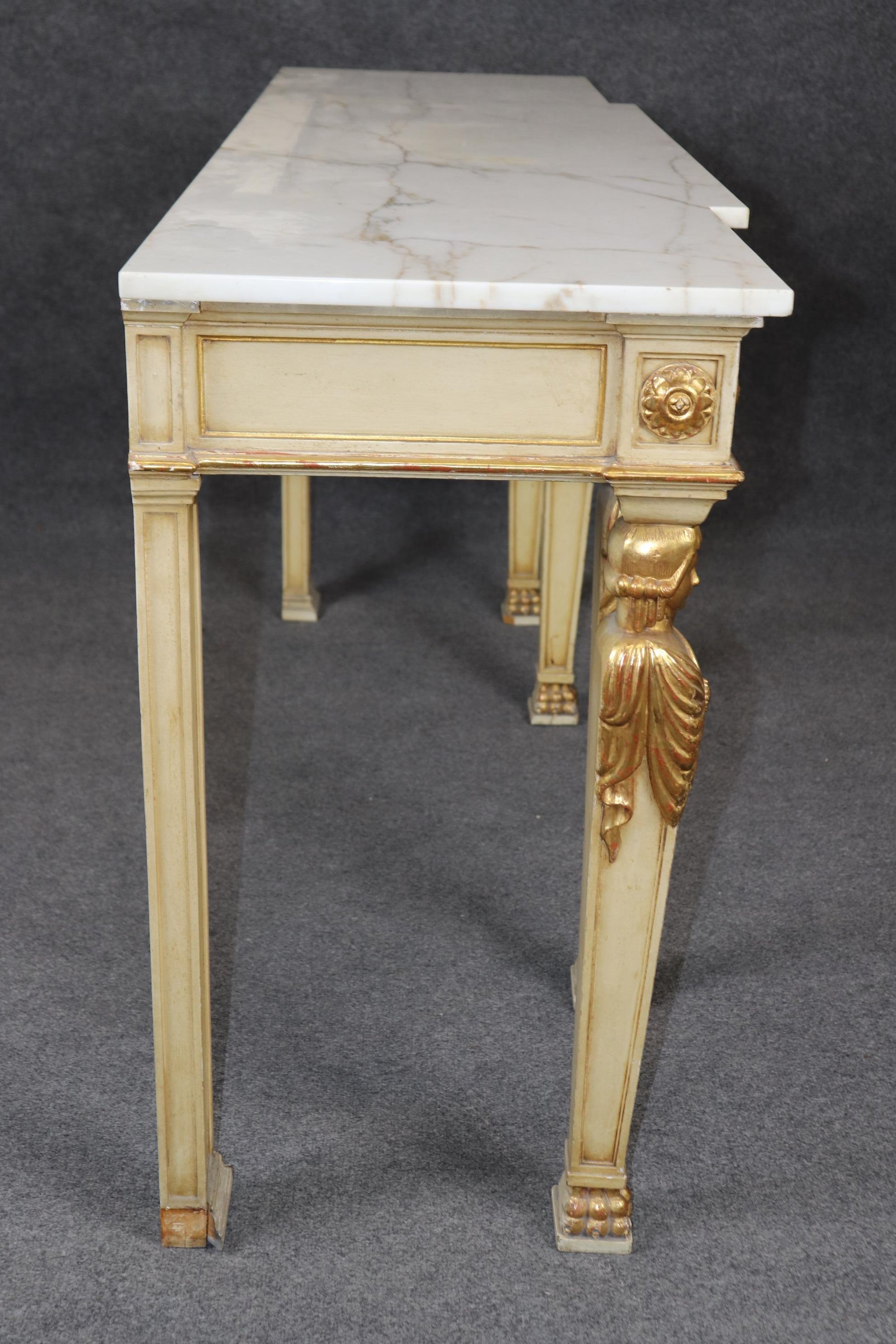 Fine French Empire Creme and Gilded Figural Marble Top Console Sofa Table