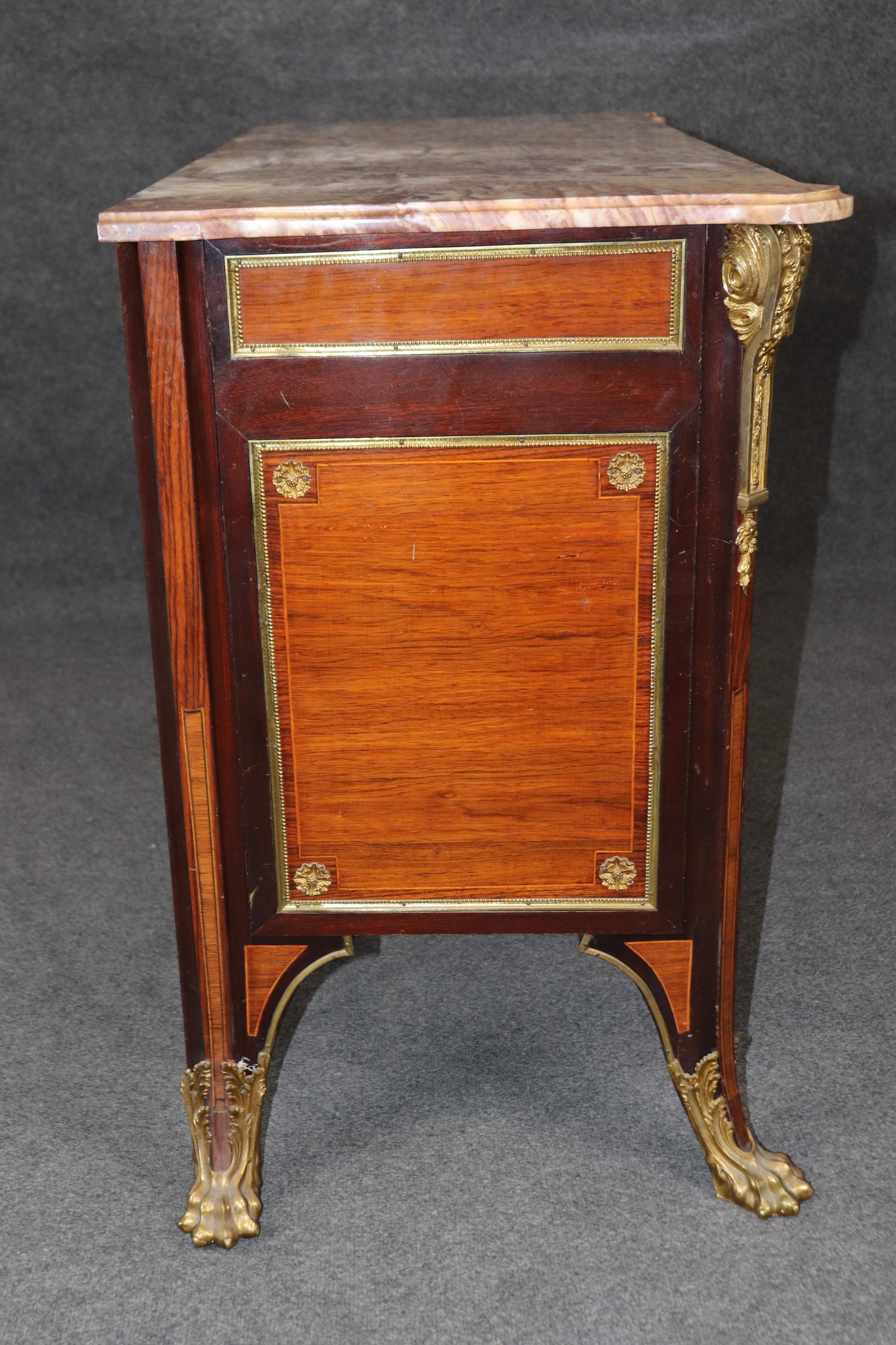 Bronze Paw Footed Marble Top Rosewood and Mahogany French Louis XV Commode