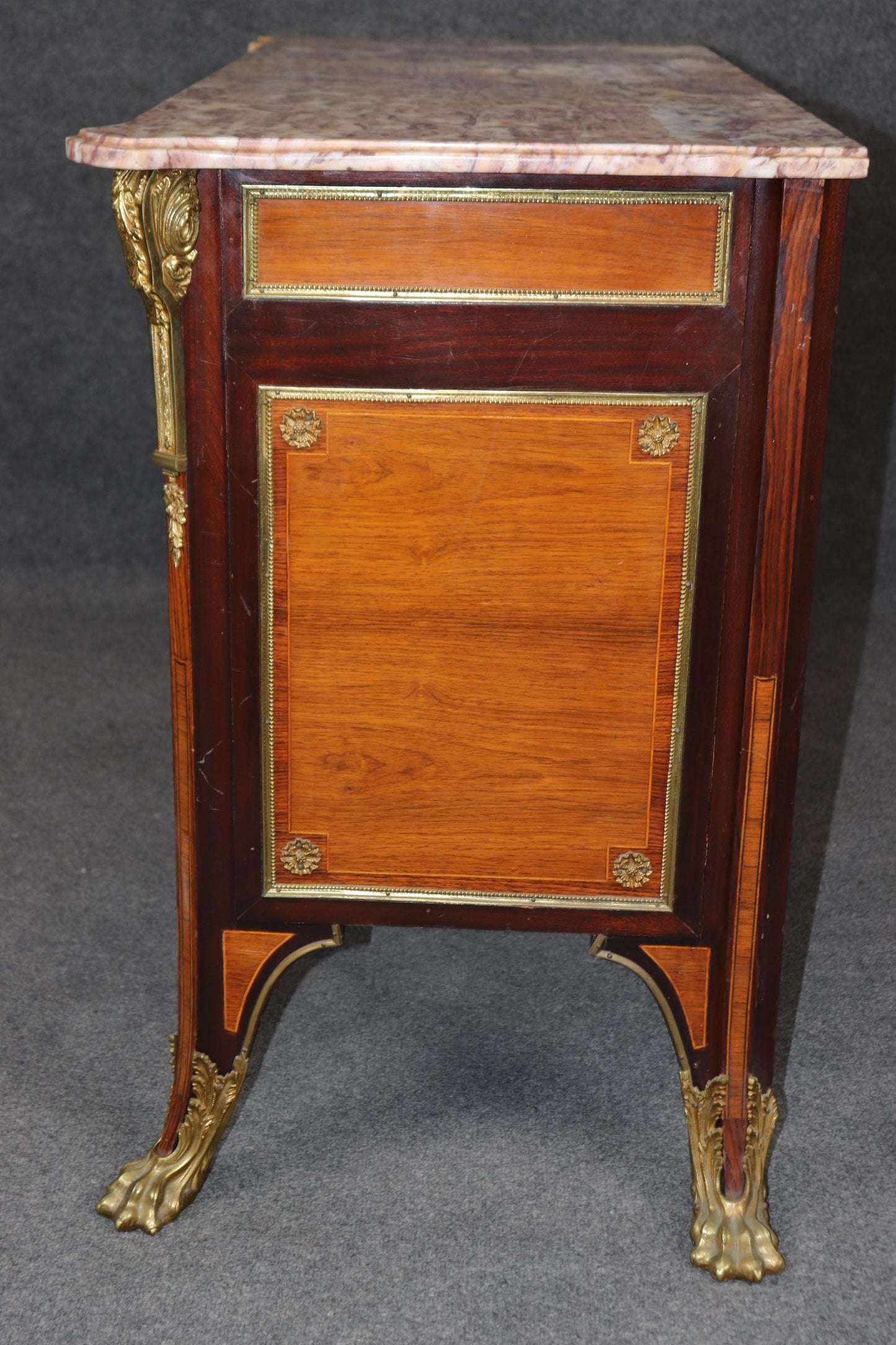 Bronze Paw Footed Marble Top Rosewood and Mahogany French Louis XV Commode