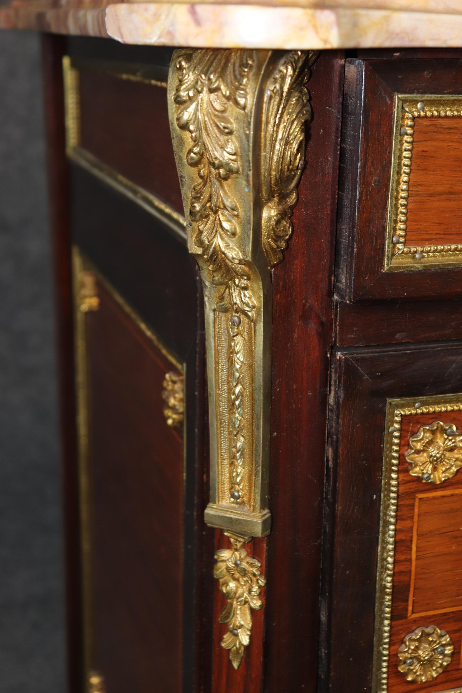 Bronze Paw Footed Marble Top Rosewood and Mahogany French Louis XV Commode