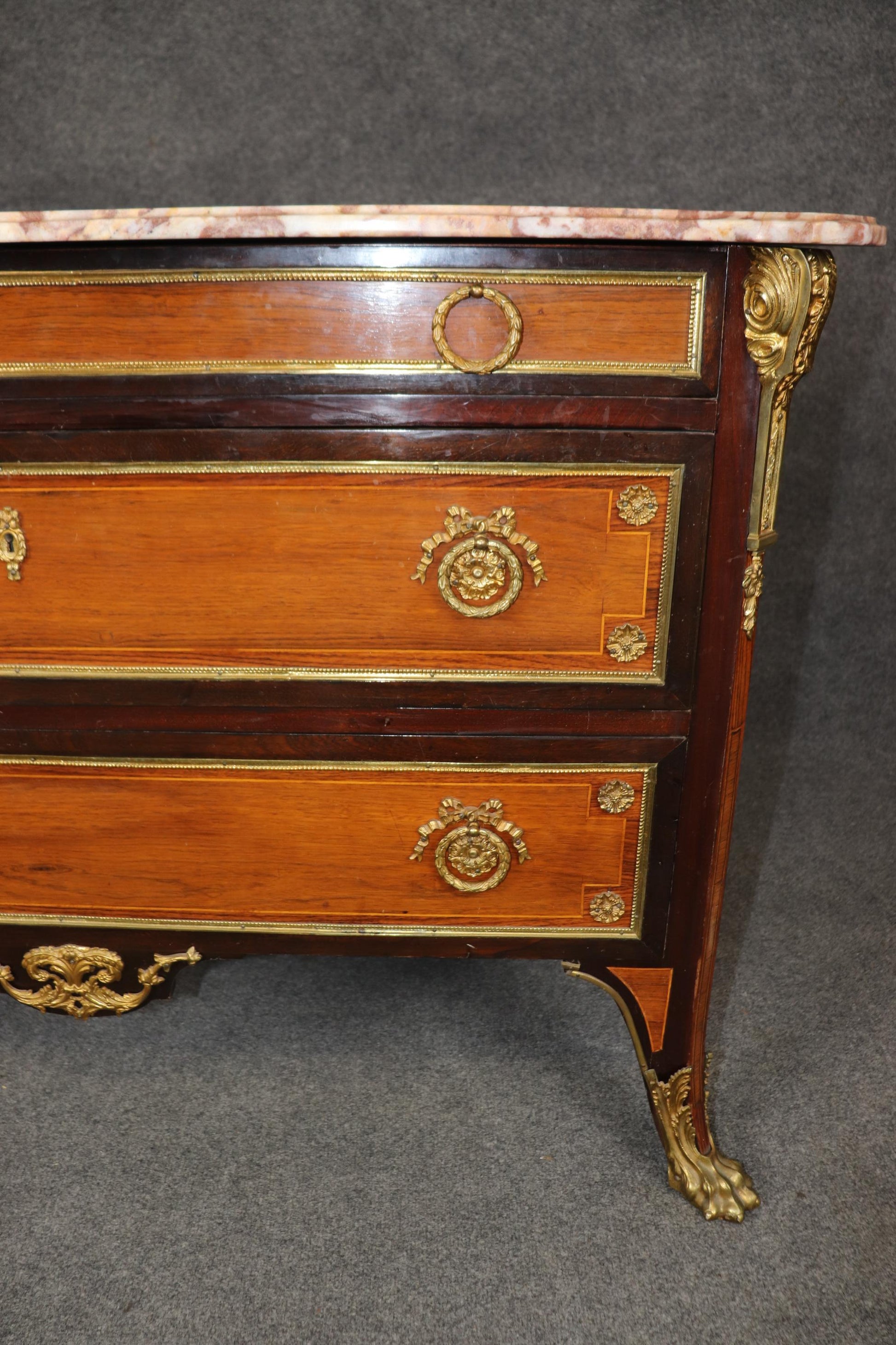 Bronze Paw Footed Marble Top Rosewood and Mahogany French Louis XV Commode