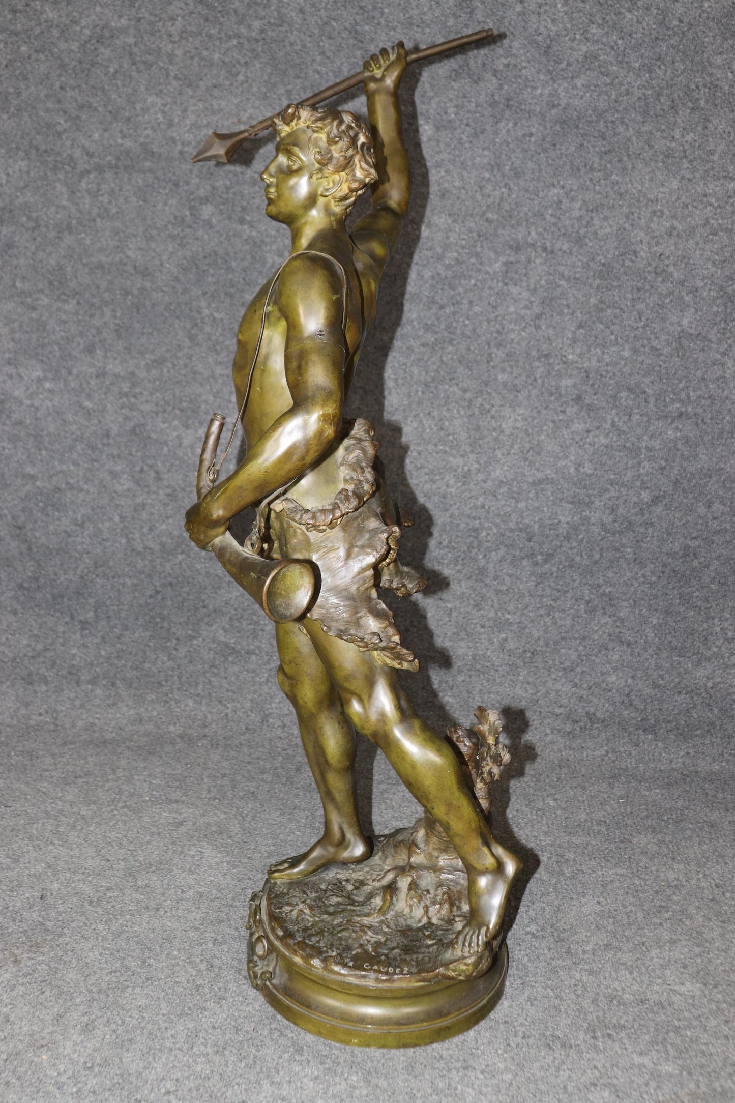 Adrien Étienne Gaudez Figural Bronze Sculpture 'Acteon" Man Hunting with Spear