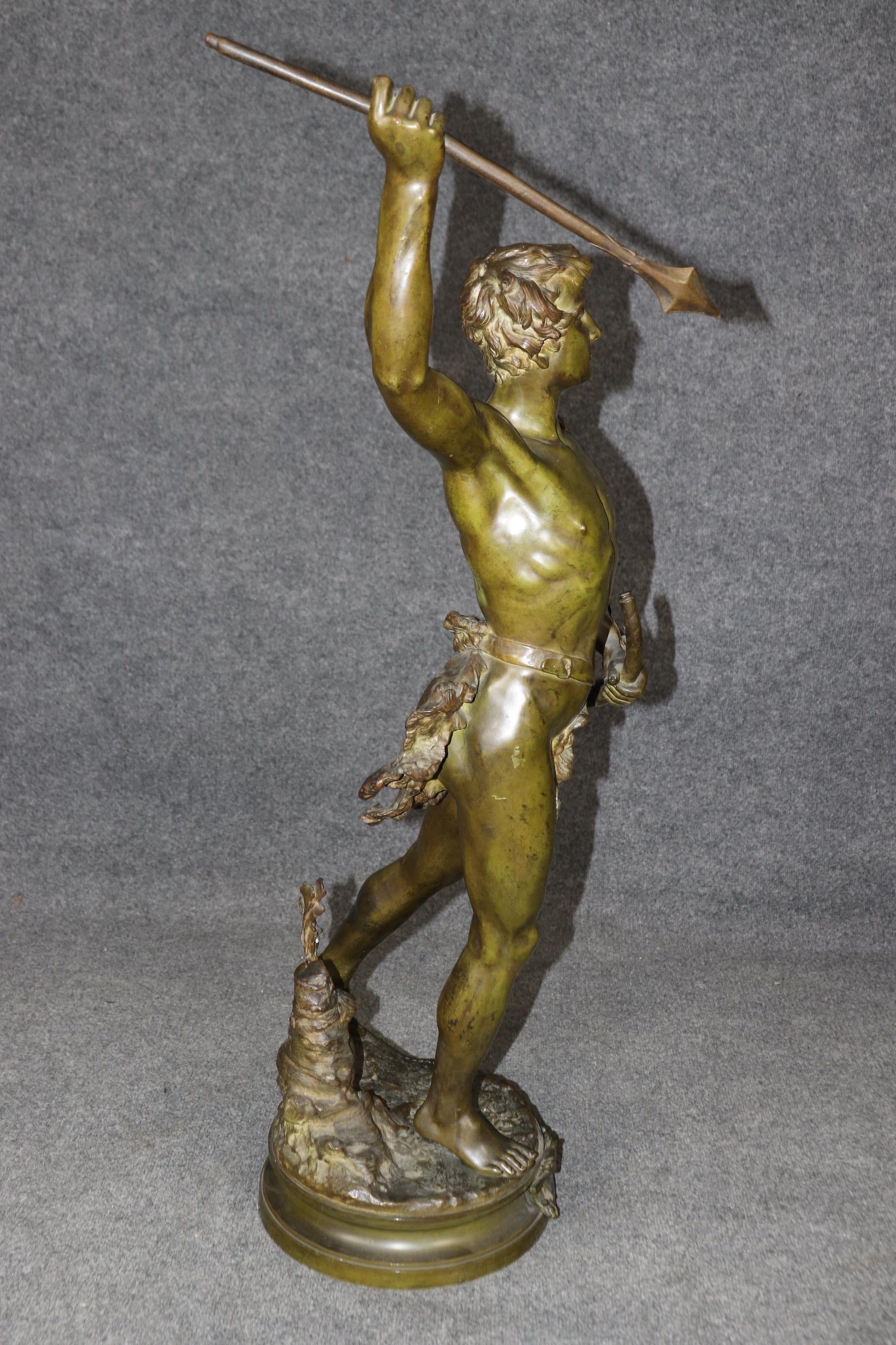 Adrien Étienne Gaudez Figural Bronze Sculpture 'Acteon" Man Hunting with Spear