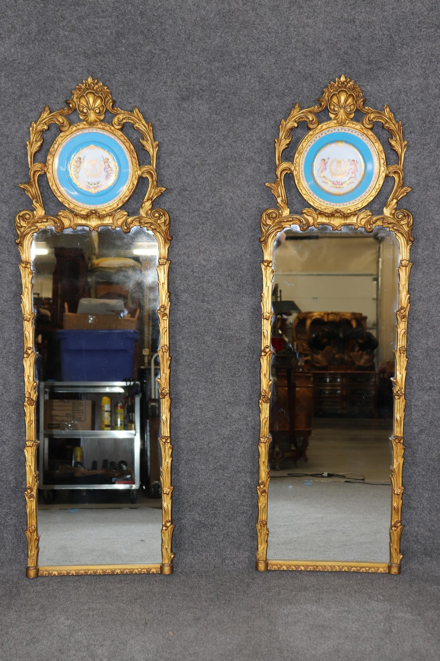 Rare Pair Carved Giltwood French Louis XV Style Mirrors with Sevres Plaques