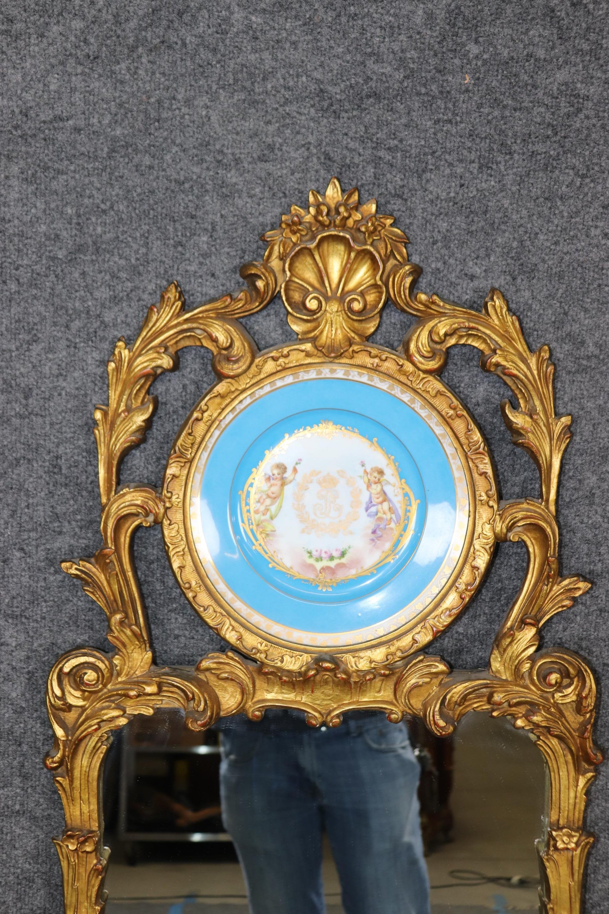 Rare Pair Carved Giltwood French Louis XV Style Mirrors with Sevres Plaques