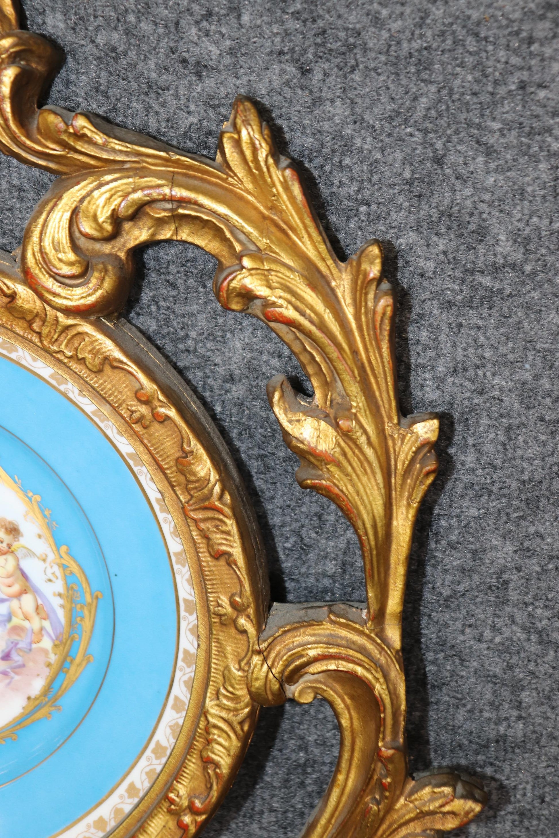 Rare Pair Carved Giltwood French Louis XV Style Mirrors with Sevres Plaques