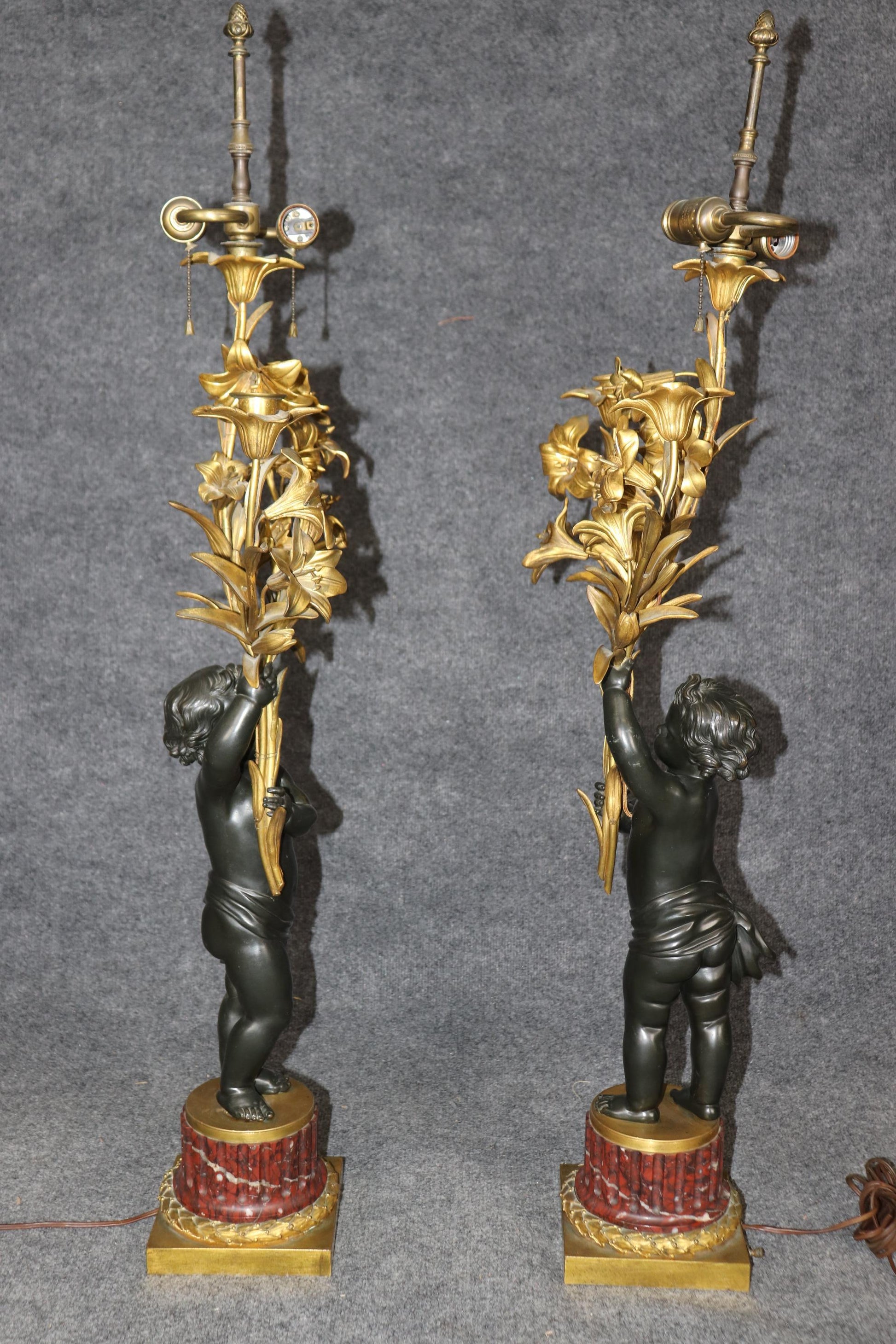 Pair 19th C Bronze Dore' Cherubs Table Lamps Candelabra Manner Henry Dasson