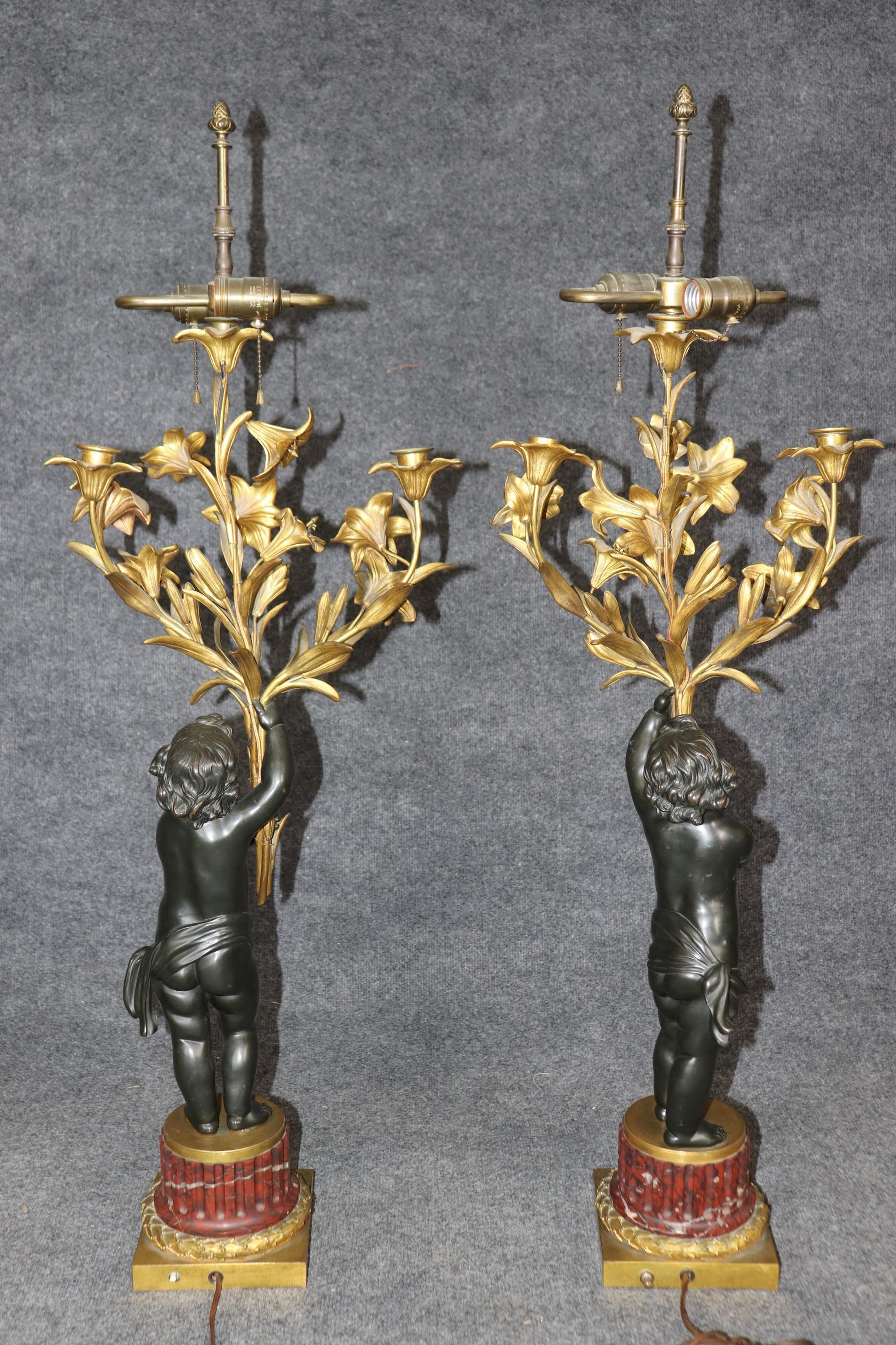 Pair 19th C Bronze Dore' Cherubs Table Lamps Candelabra Manner Henry Dasson