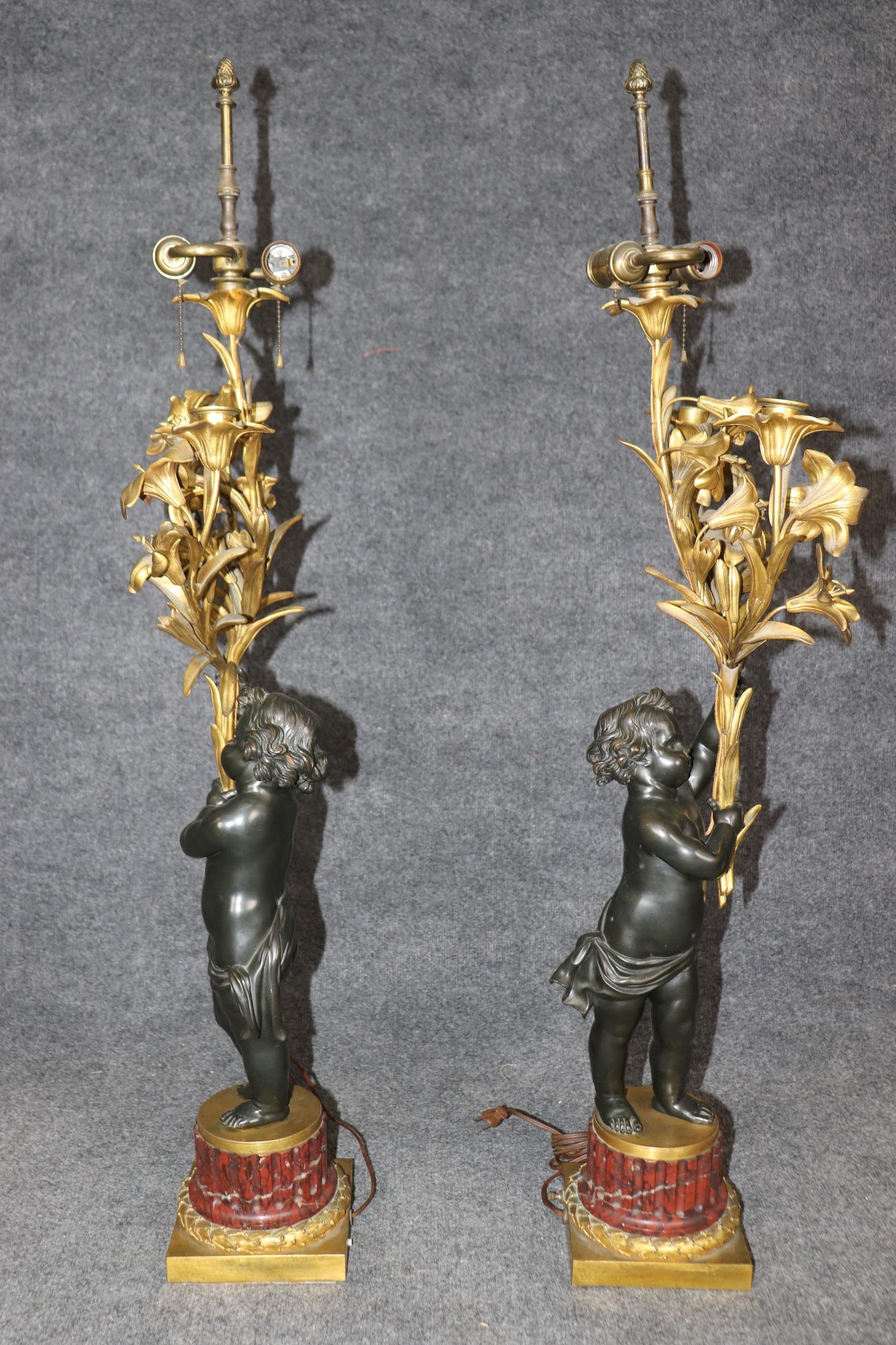 Pair 19th C Bronze Dore' Cherubs Table Lamps Candelabra Manner Henry Dasson